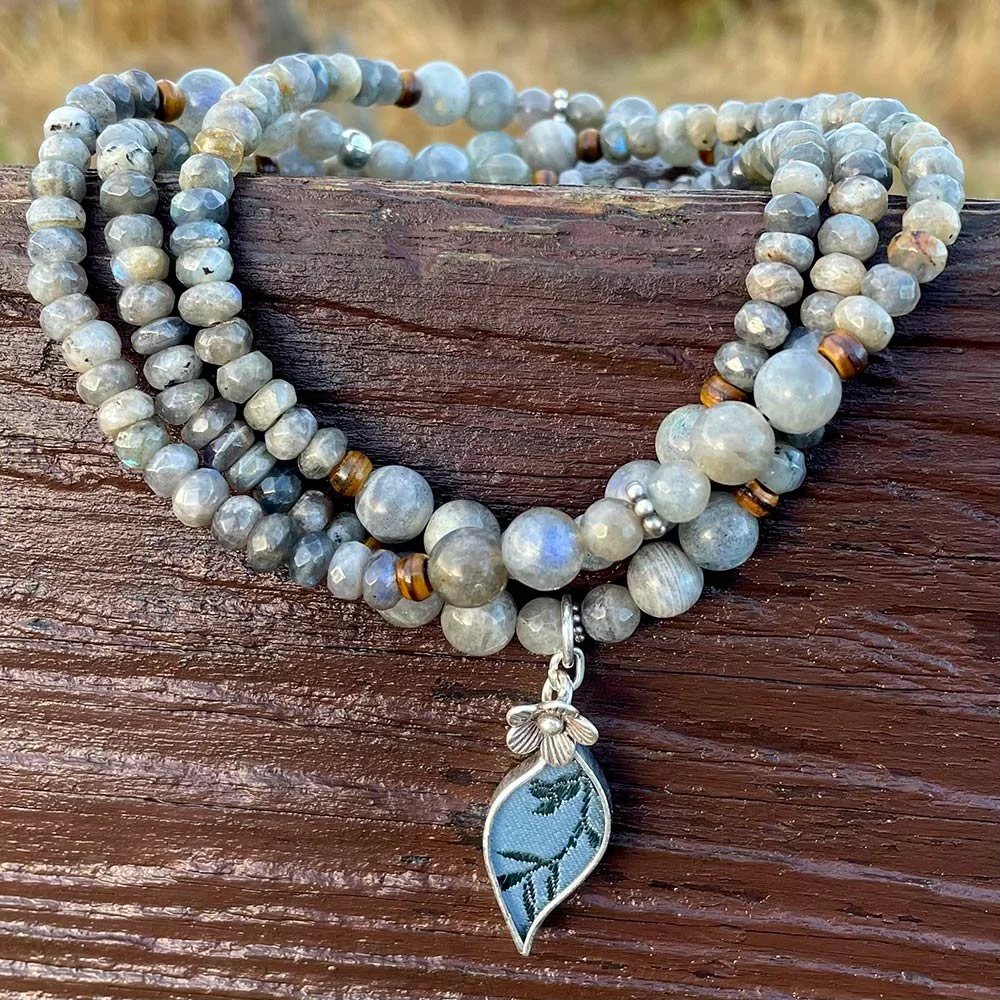 Collier Long Vintage En Perles De Labradorite Naturelle - Pierre Fine Aux Reflets Bleus & Verts