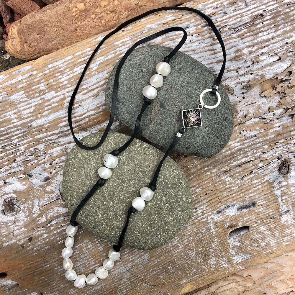 Pearl Knot Necklace with Black Leather: Black Sequin Sari — Shi Studio