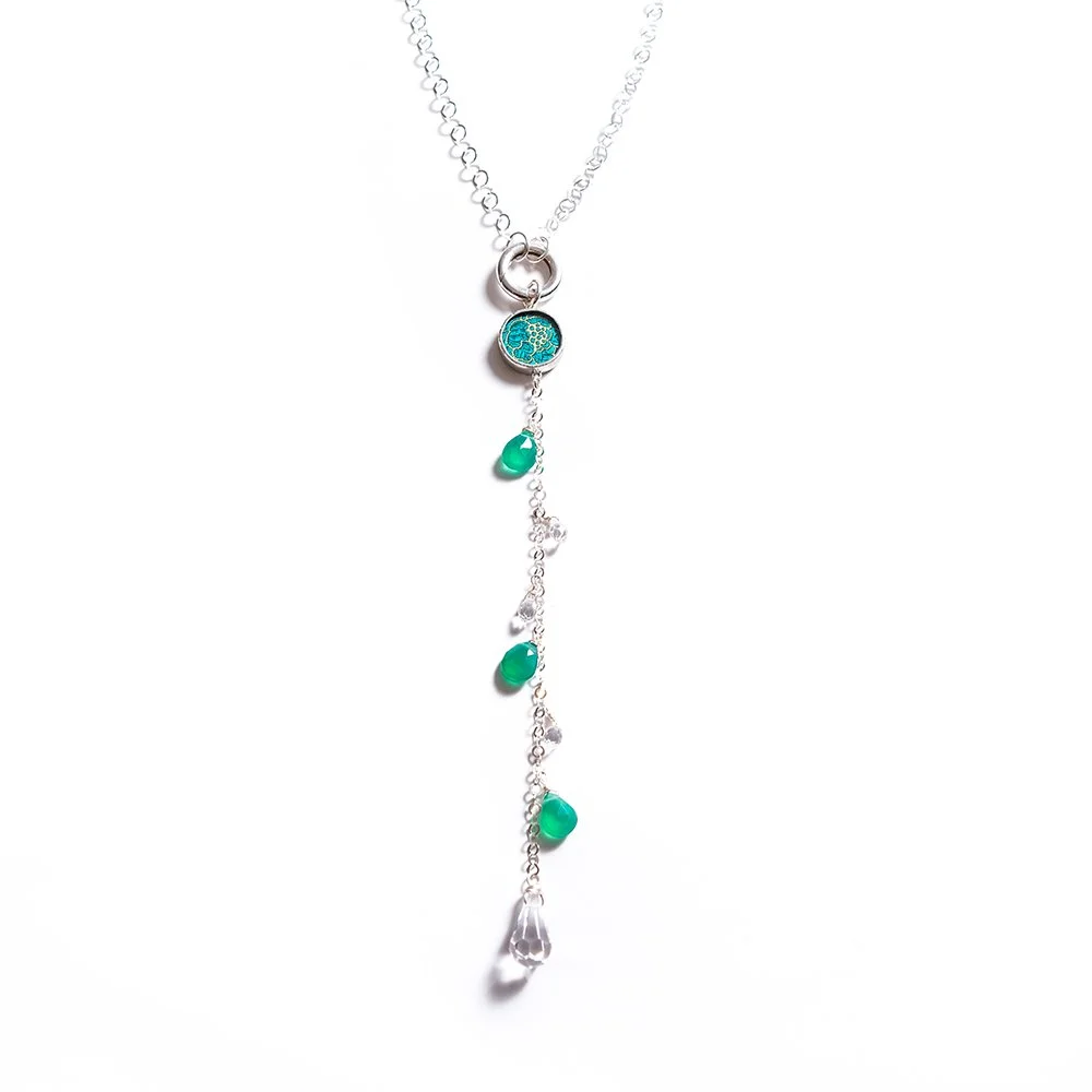 Toggle Necklace with Green Onyx and Quartz Crystal: Teal Floral — Shi Studio