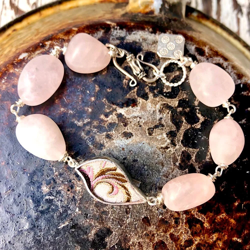 Chunky Rose Quartz Gemstone Bracelet: Brown and Pink Floral — Shi Studio