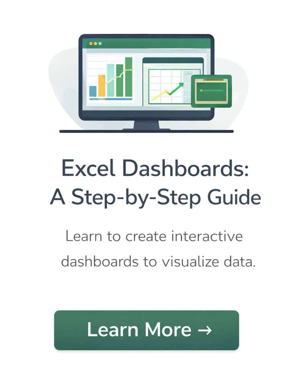 Illustration of a computer monitor displaying various charts and graphs, with a smaller tablet showing a line graph, accompanied by text promoting an Excel dashboard tutorial.