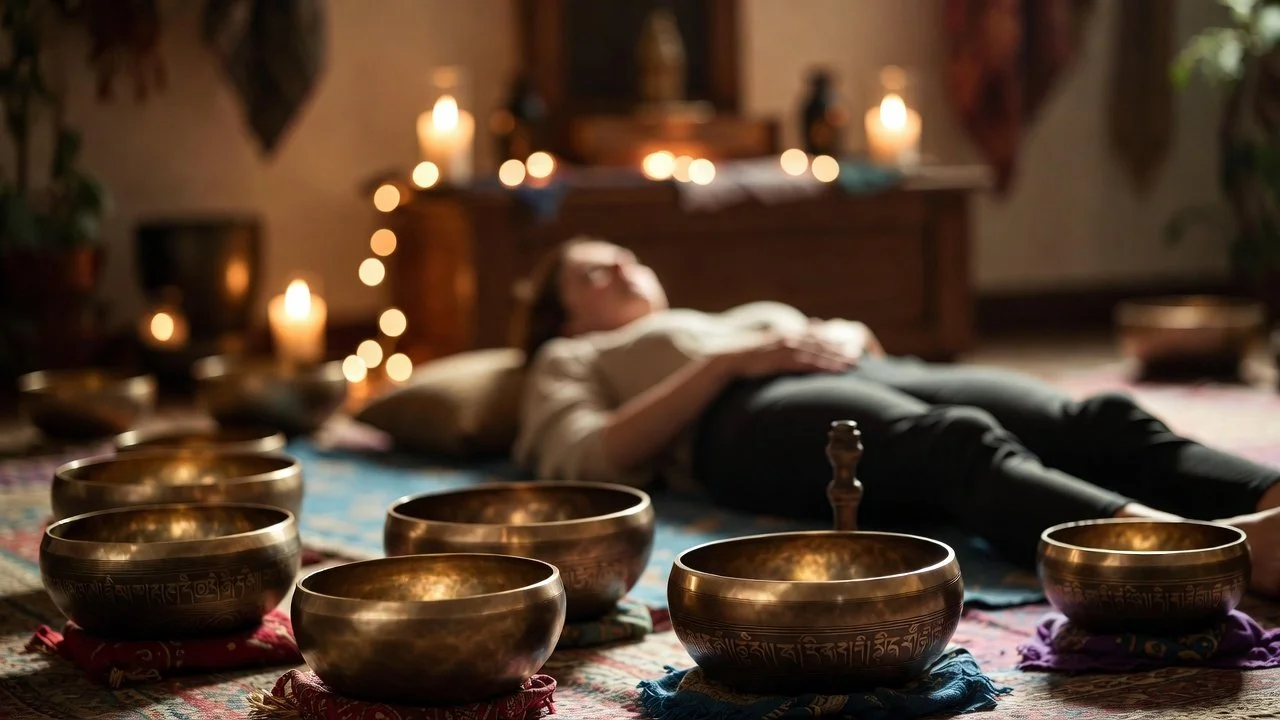 a girl lying on floor surrounded by singing bowl during sound bath