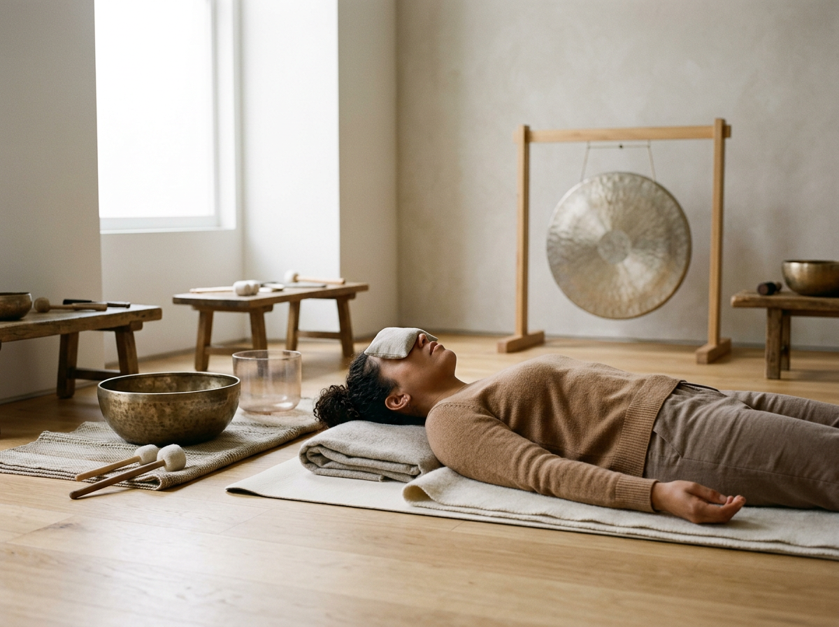 a girl lying with her eyes closed .A singing bowl is kept beside her head during sound bath.
