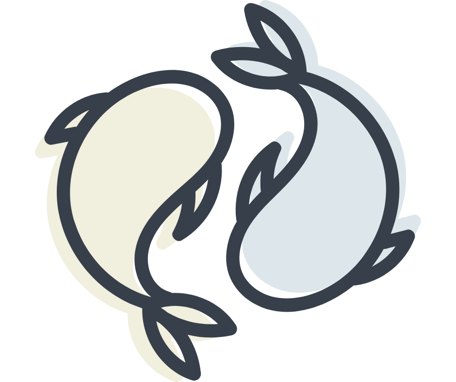 A cartoon-style illustration of two fish, one white and one light blue, with a simple decorative outline.