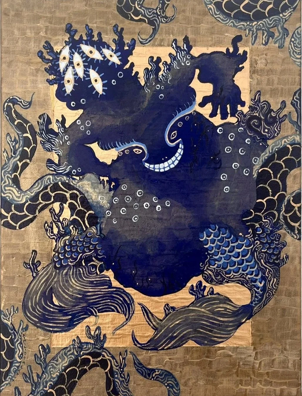 Greed. Ink and mized media on linen, 40x30cm, 2024.