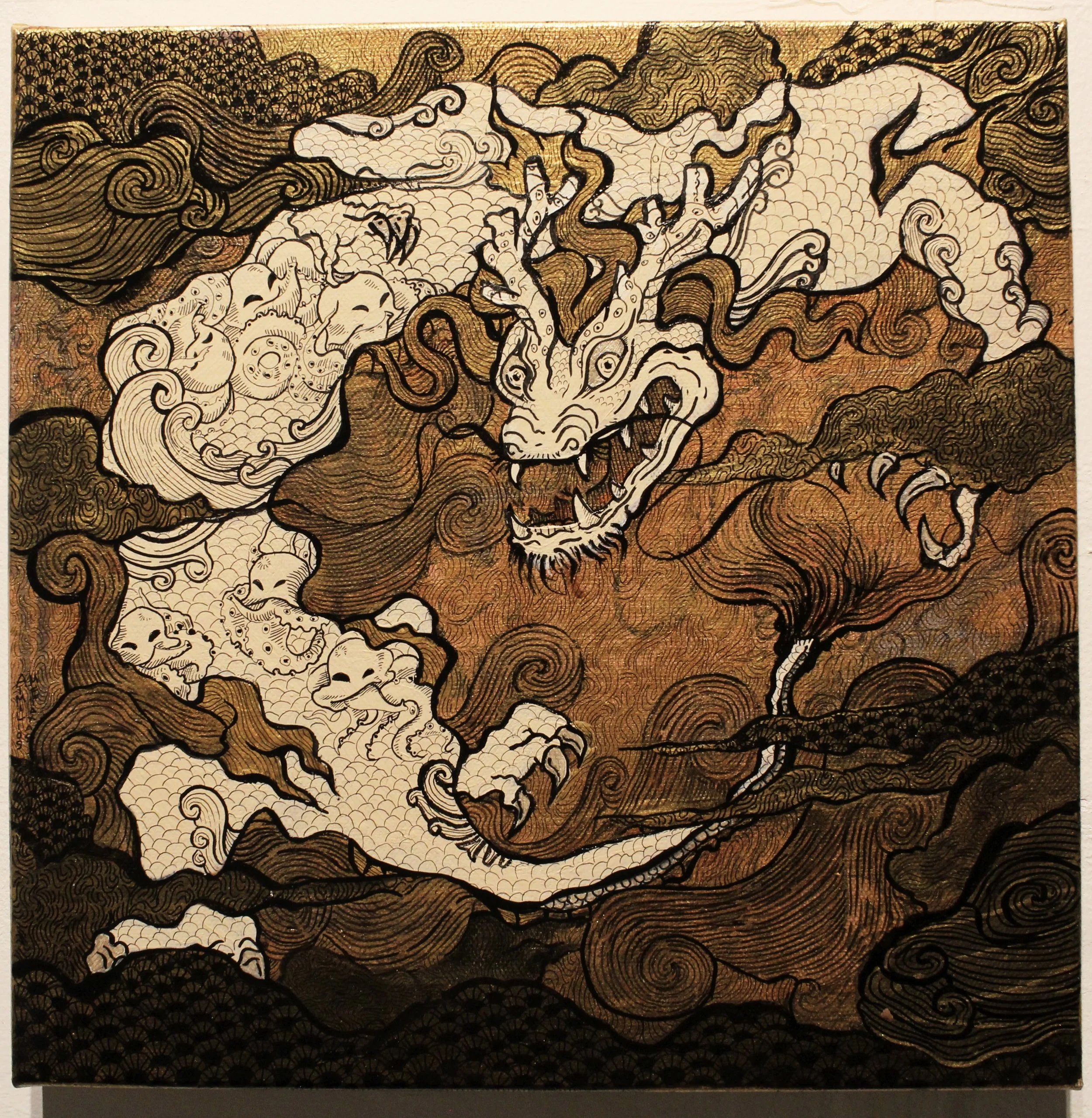 Mountain and seas. Ink and mixed media on canvas, 30x30cm, 2024.