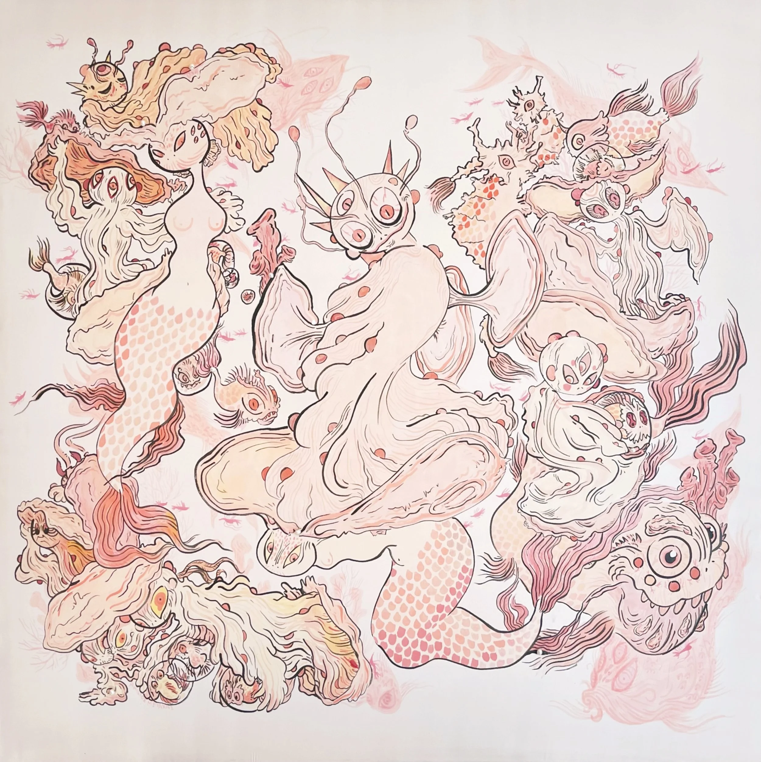 Ocean Jewel. Ink and pearls on silk, 70x70cm, 2023.