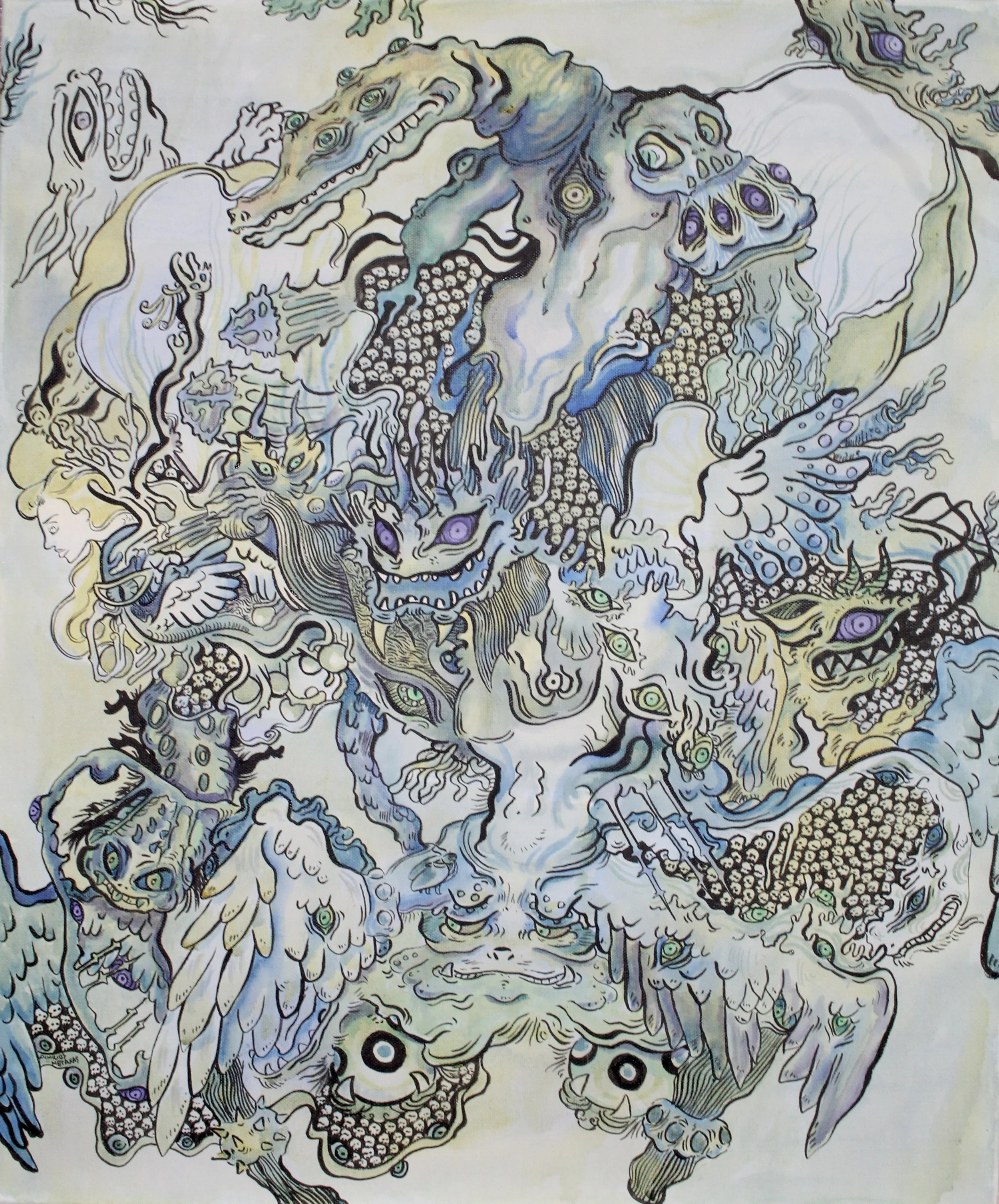 Solemn revelation. Ink and mixed media on canvas, 60x50cm, 2025.