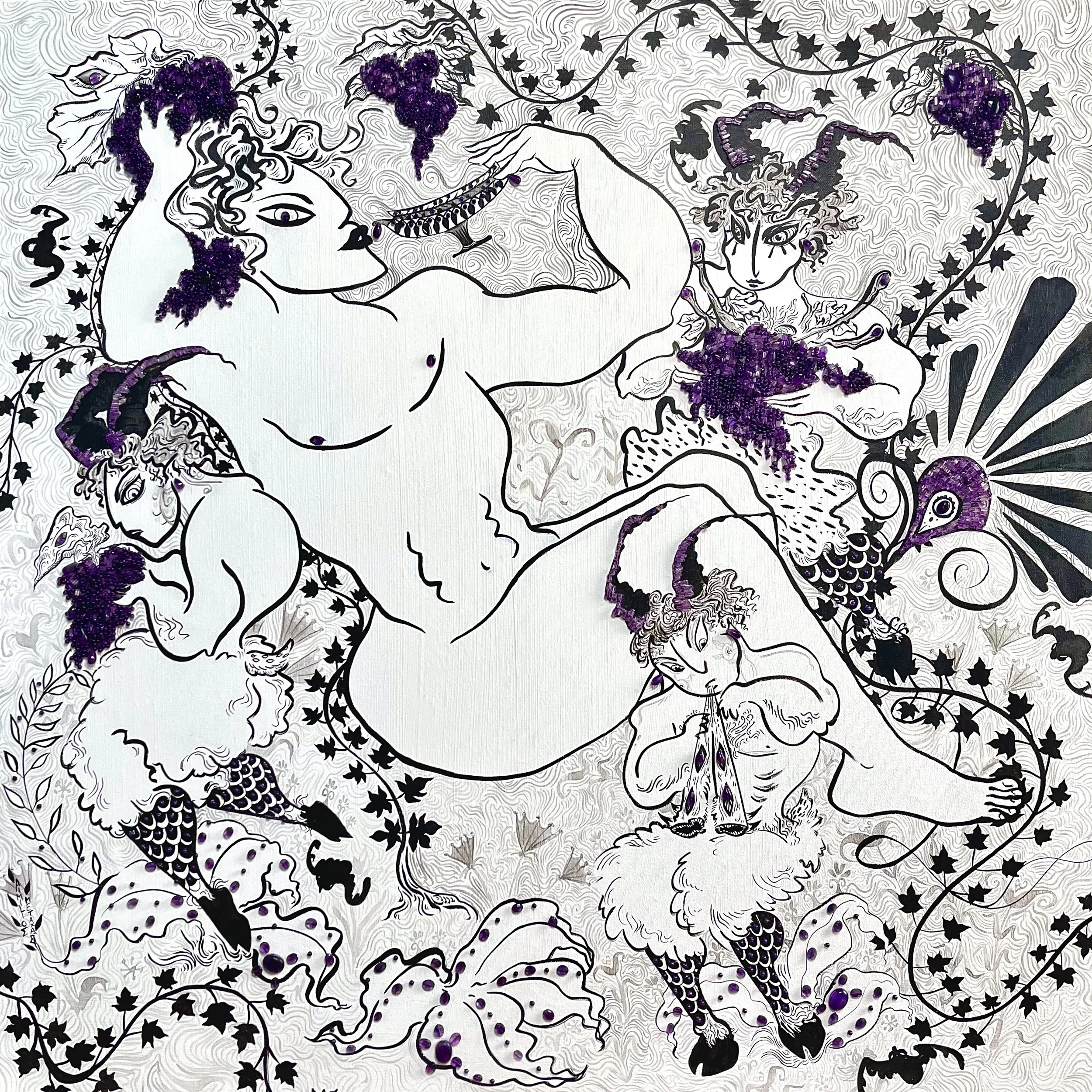 Great Dionysia. Ink and amethyst beads on canvas, 100x100cm, 2024.