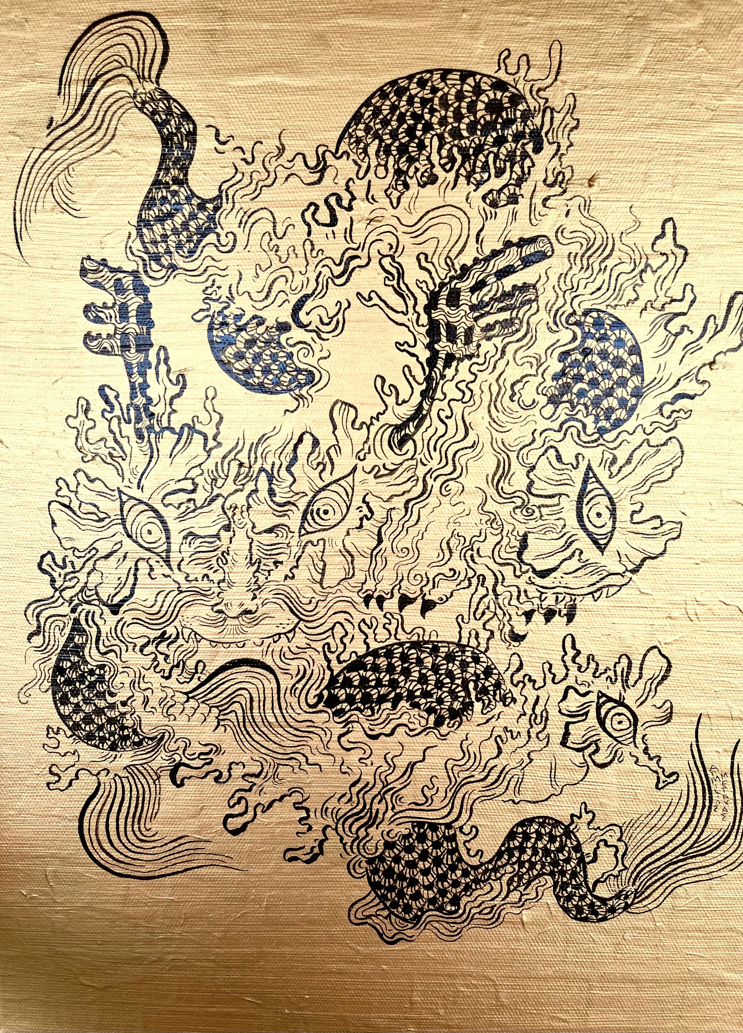 Sand dream. Ink and acrylic on linen, 40x30cm, 2024.