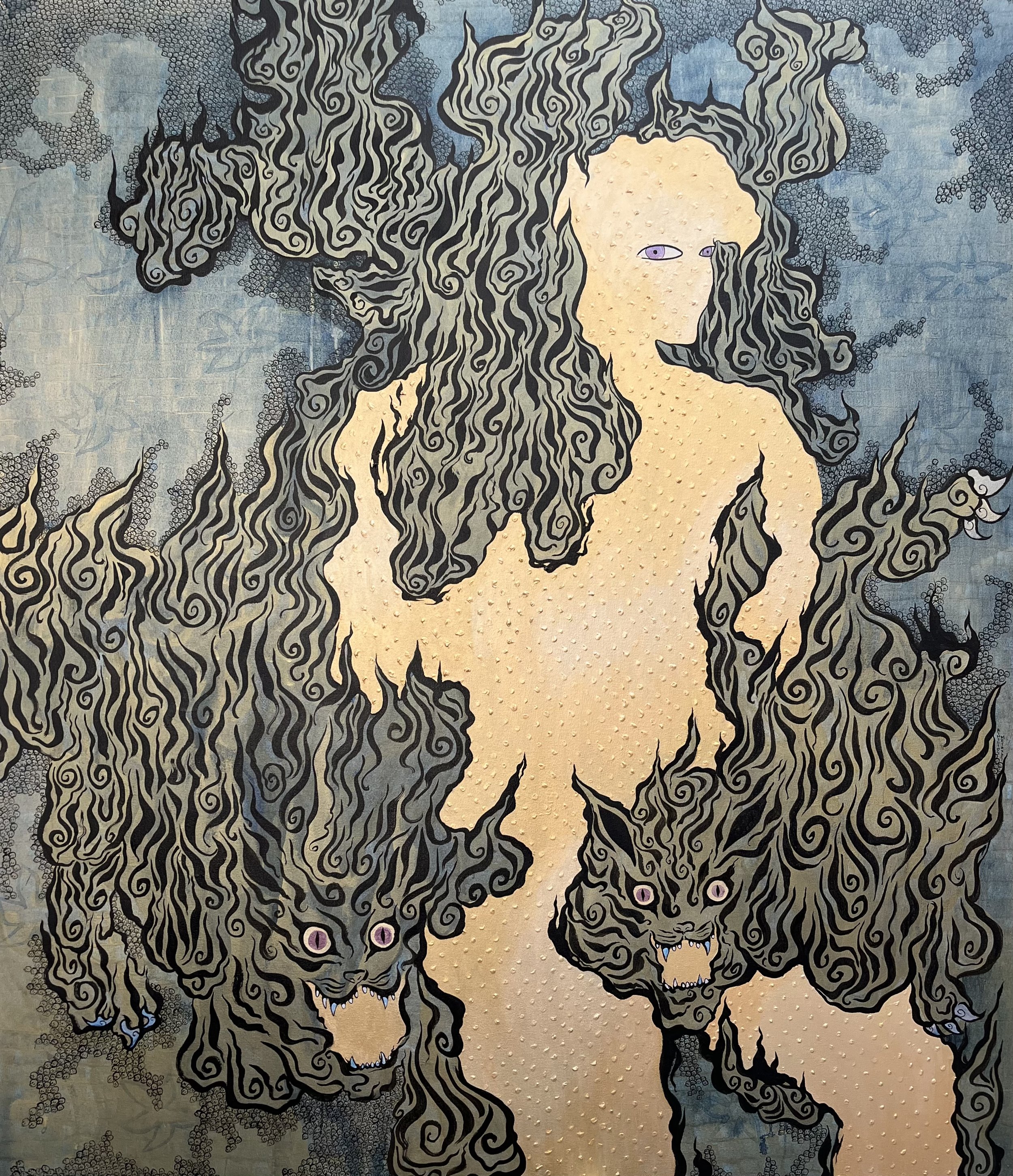 Self portrait. Ink and acrylic on canvas, 150x130cm, 2024.
