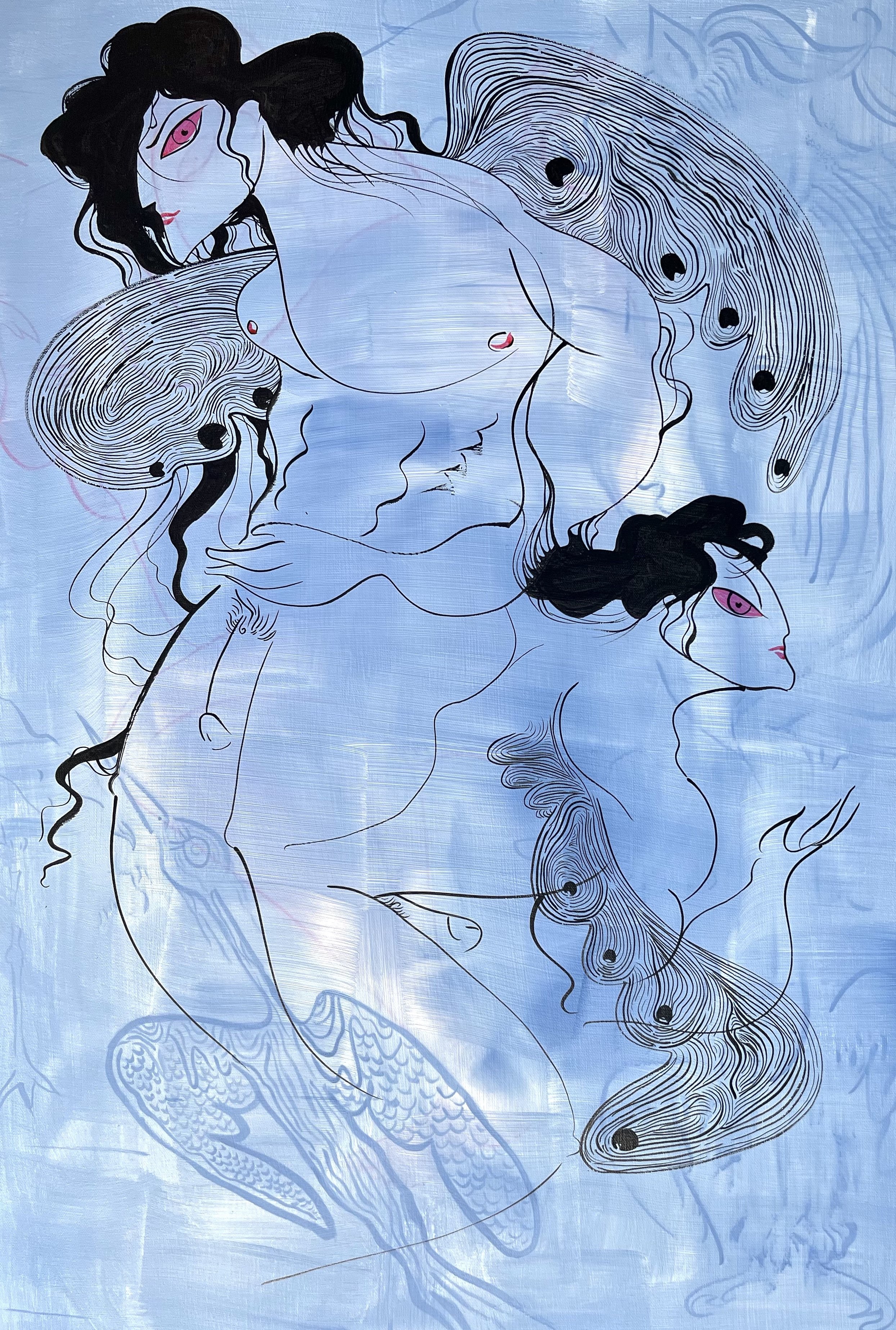 Persona-lovers. Ink on canvas, 90x60cm, 2023.