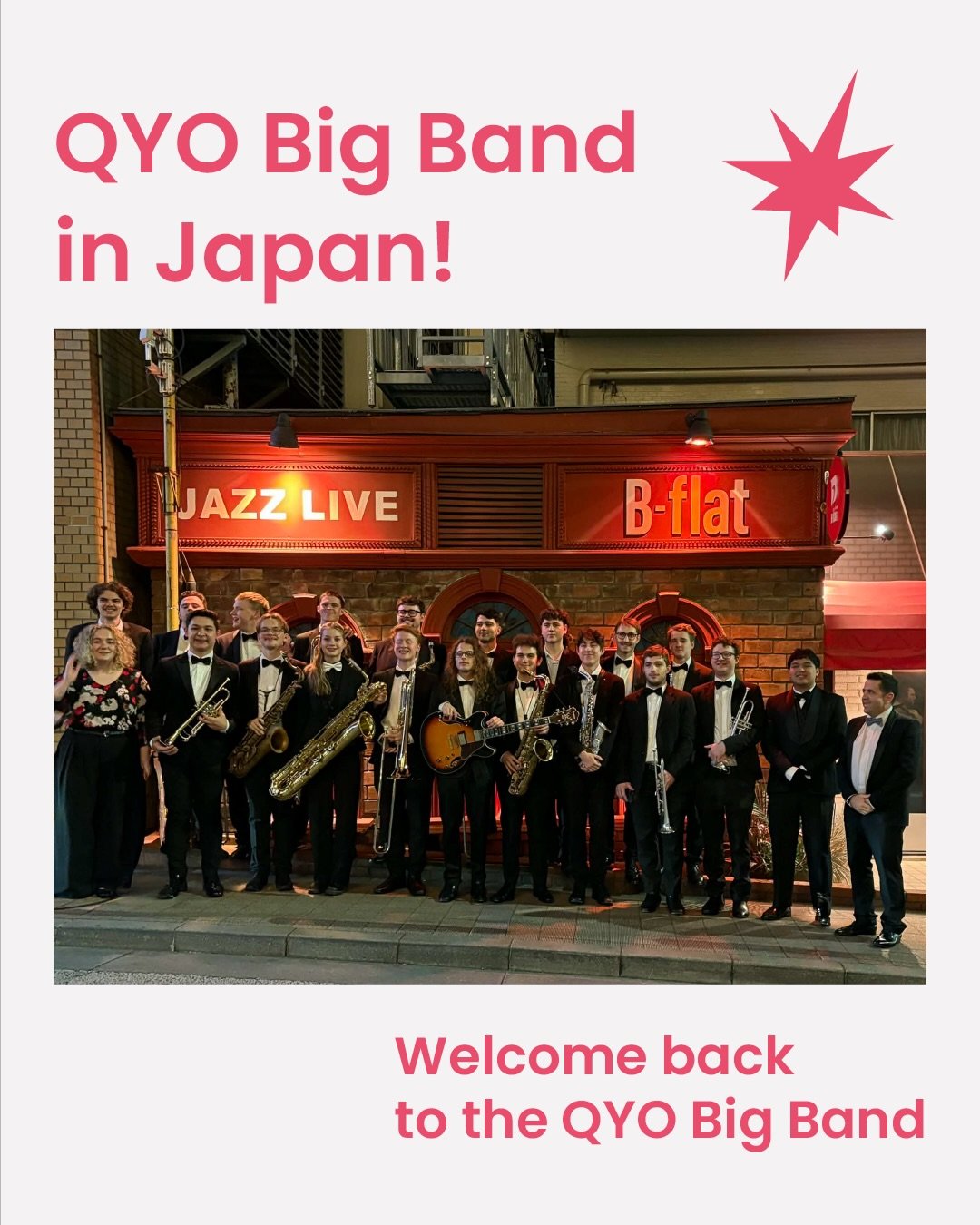 Welcome back to the QYO Big Band after their international tour of Japan! 🎌🎶

Swipe to enjoy some highlights from their journey.

1. Performance at Jazz Dining B-Flat (📍Minato City, Tokyo)
2. Live In Buddy (📍Nerima City, Tokyo)
3. QYO Big Band wi