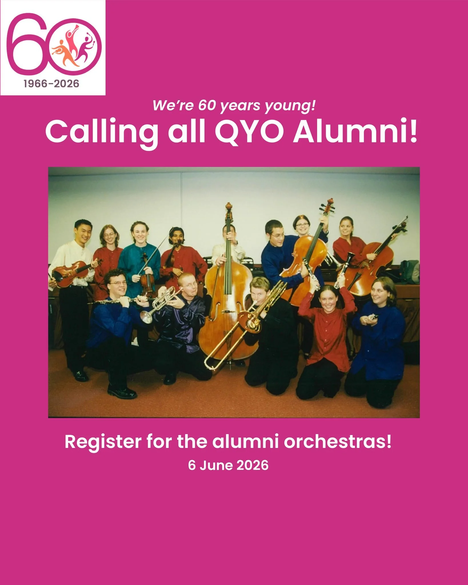 🎉 Calling all QYO Alumni! 🎶

As part of our 60th Anniversary celebrations, we&rsquo;re bringing our community together, and you&rsquo;re invited.
Join our Alumni Community Orchestra or Alumni Symphonic Winds for a relaxed, welcoming music-making ex