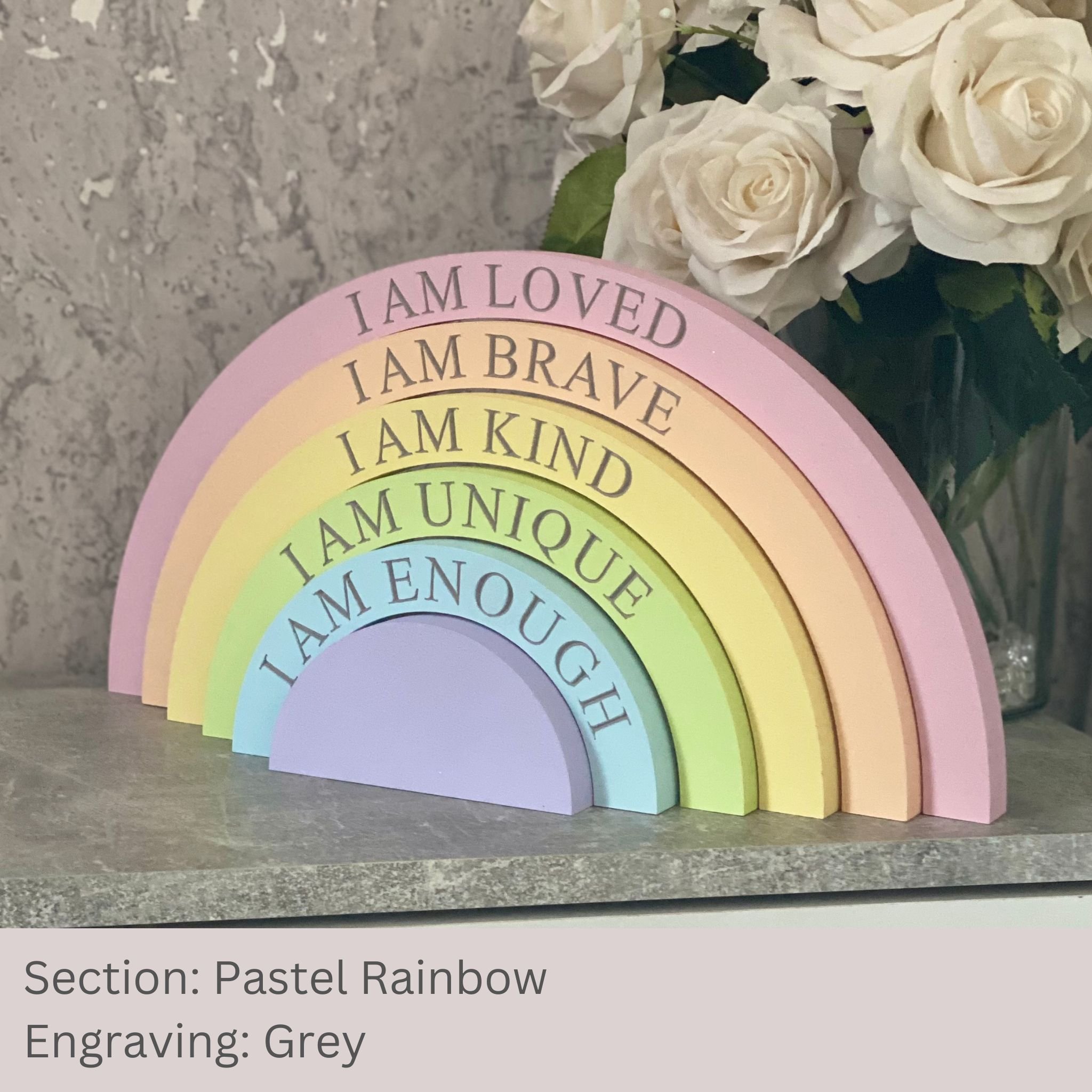 nursery decor affirmation encouraging quotes i am loved, i am brave, i am kind, i am unique, i am enough, personalised rainbow stacker