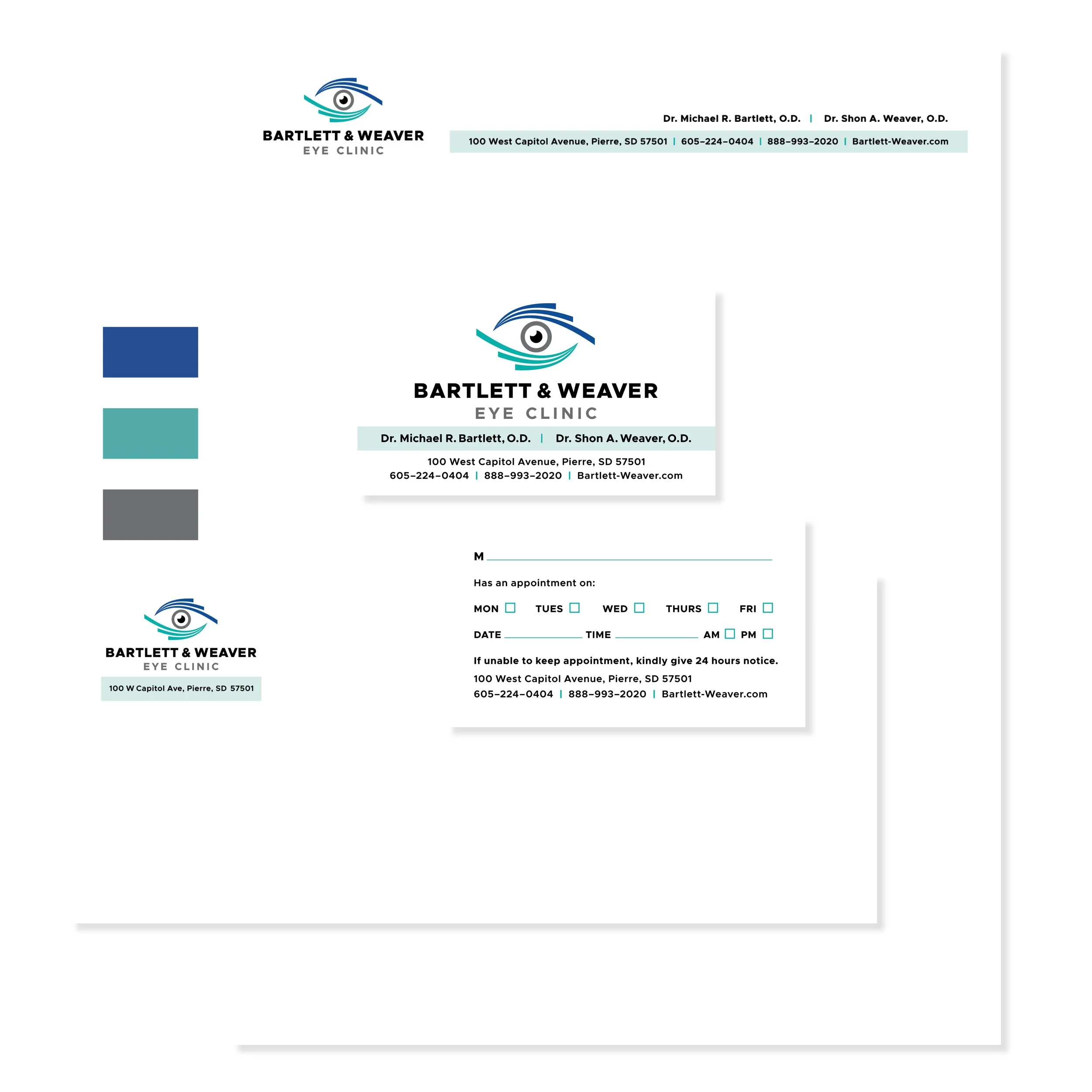 Appointment card for Bartlett & Weaver Eye Clinic showing the clinic's logo, address, contact information, and a form to schedule an eye appointment.