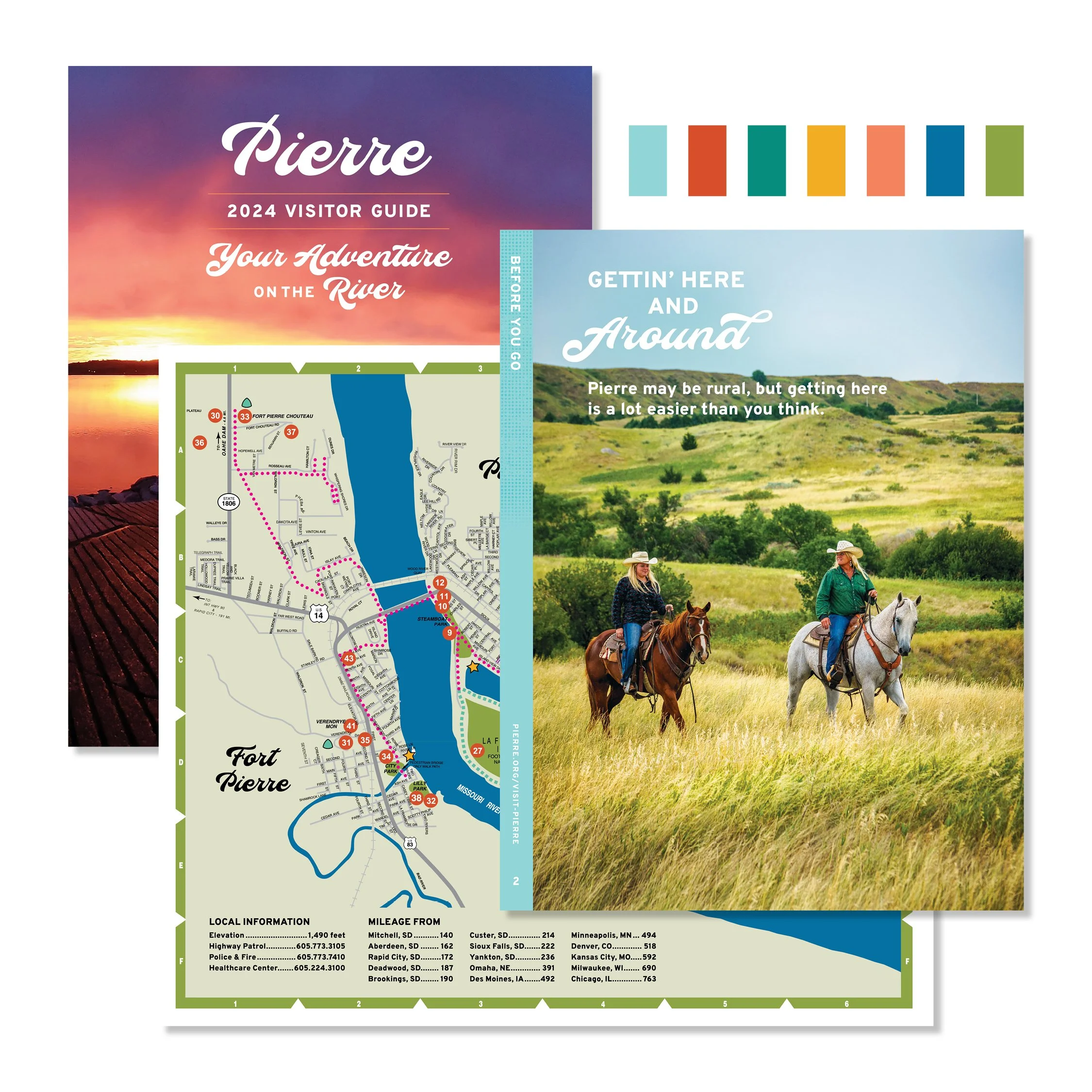 A scenic outdoor scene with two women horseback riding in a green field with hills in the background. A brochure titled 'Gettin' Here and Around' is in the foreground.