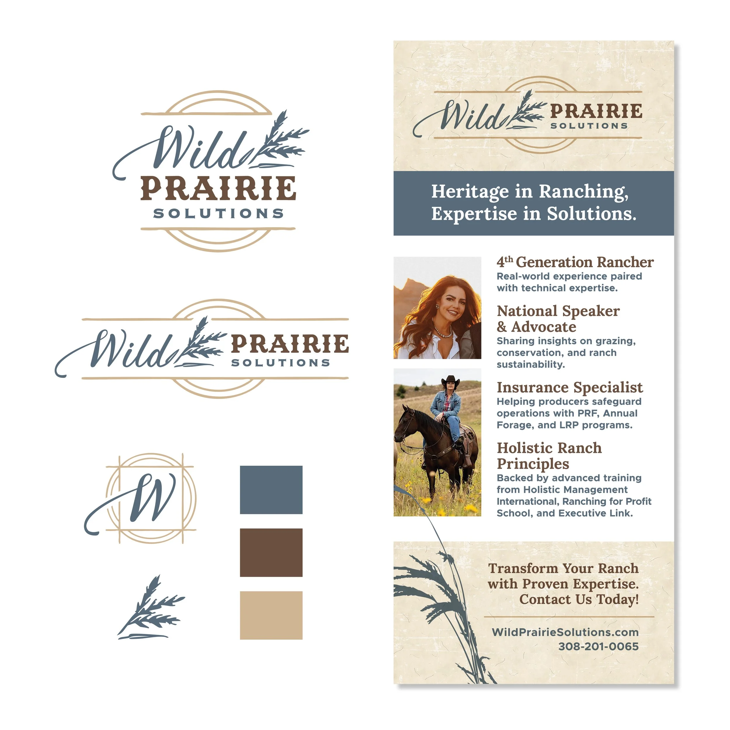 An informational flyer for Wild Prairie Solutions showcasing their logo, slogan, and various details about their services, including images of a woman smiling and a woman on horseback, with color swatches of navy blue, brown, and beige.