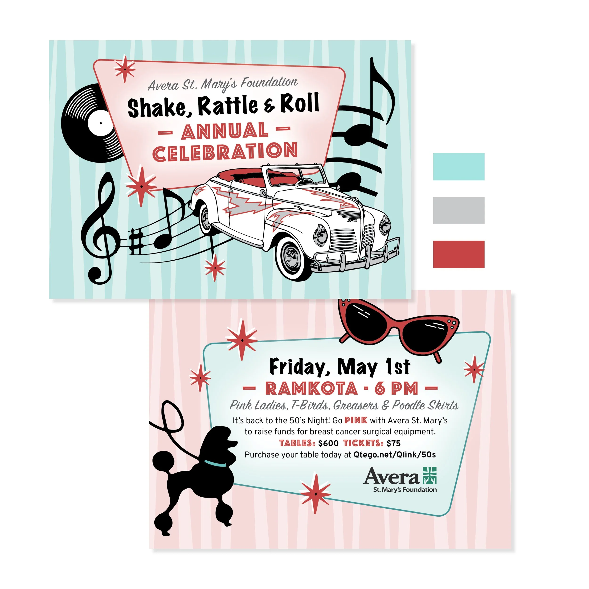 Event flyer for Avera St. Mary's Foundation 'Shake, Rattle & Roll' annual celebration featuring a vintage car, musical notes, a dog silhouette, sunglasses, and star decorations with event details.
