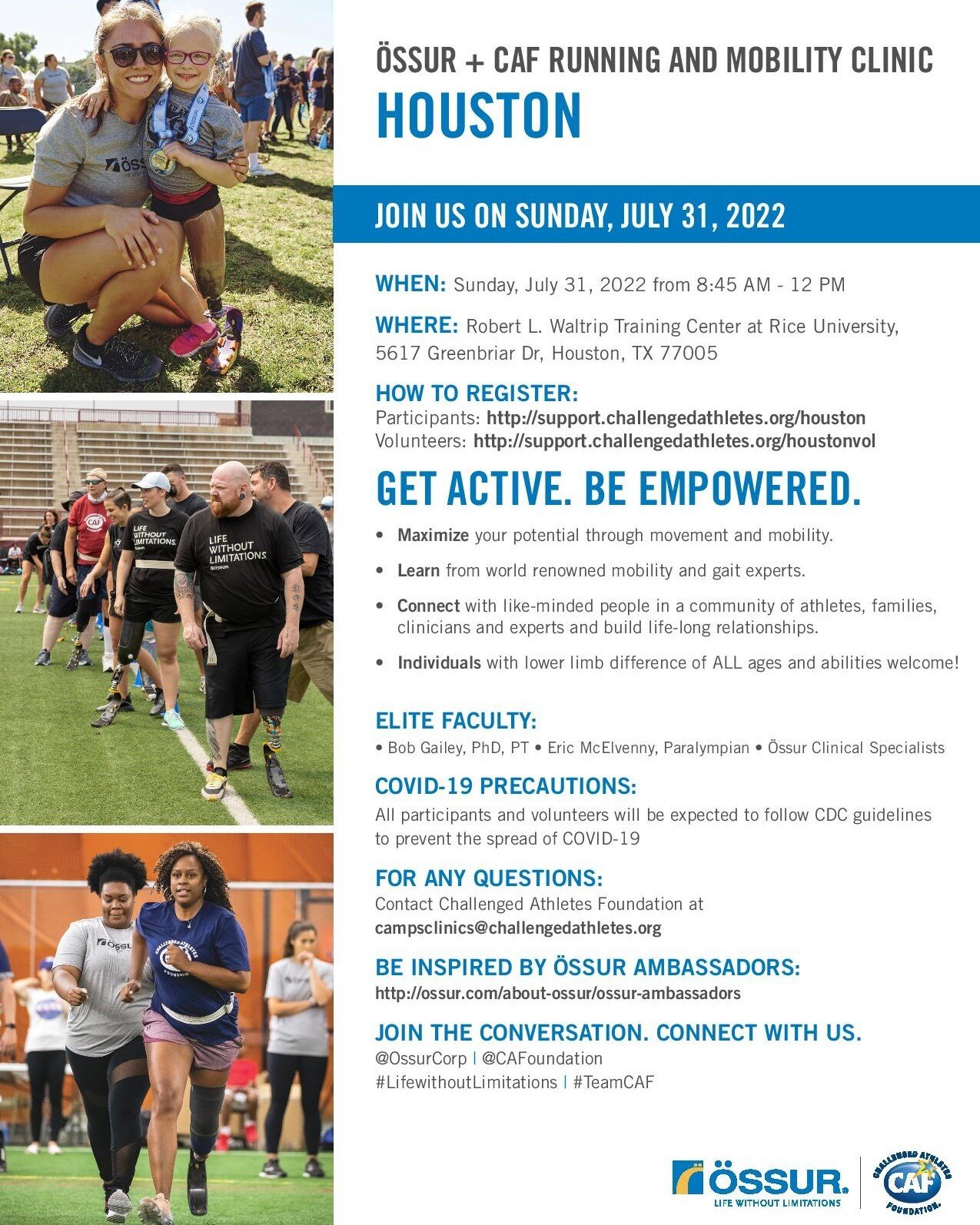 Mark your calendars! 🗓️⠀
The @CAFoundation  and @ossur  are hosting a running and mobility clinic in #Houston on July 31. Registration is now open (and FREE) for this lifechanging event. ⠀
https://bit.ly/3FAPRDl