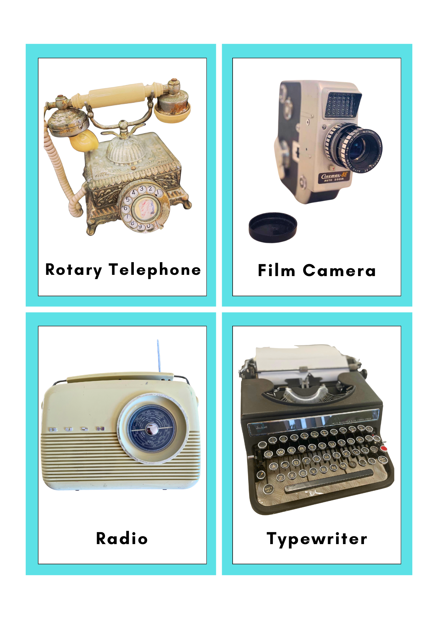 Play in the Past FREE colour photo prompt resource for teaching past and present includes a colour photo of an ornate vintage rotary telephone, Cinemax 8E film camera with black lid, cream Bush radio with antenna and a black Olivetti typewriter o
