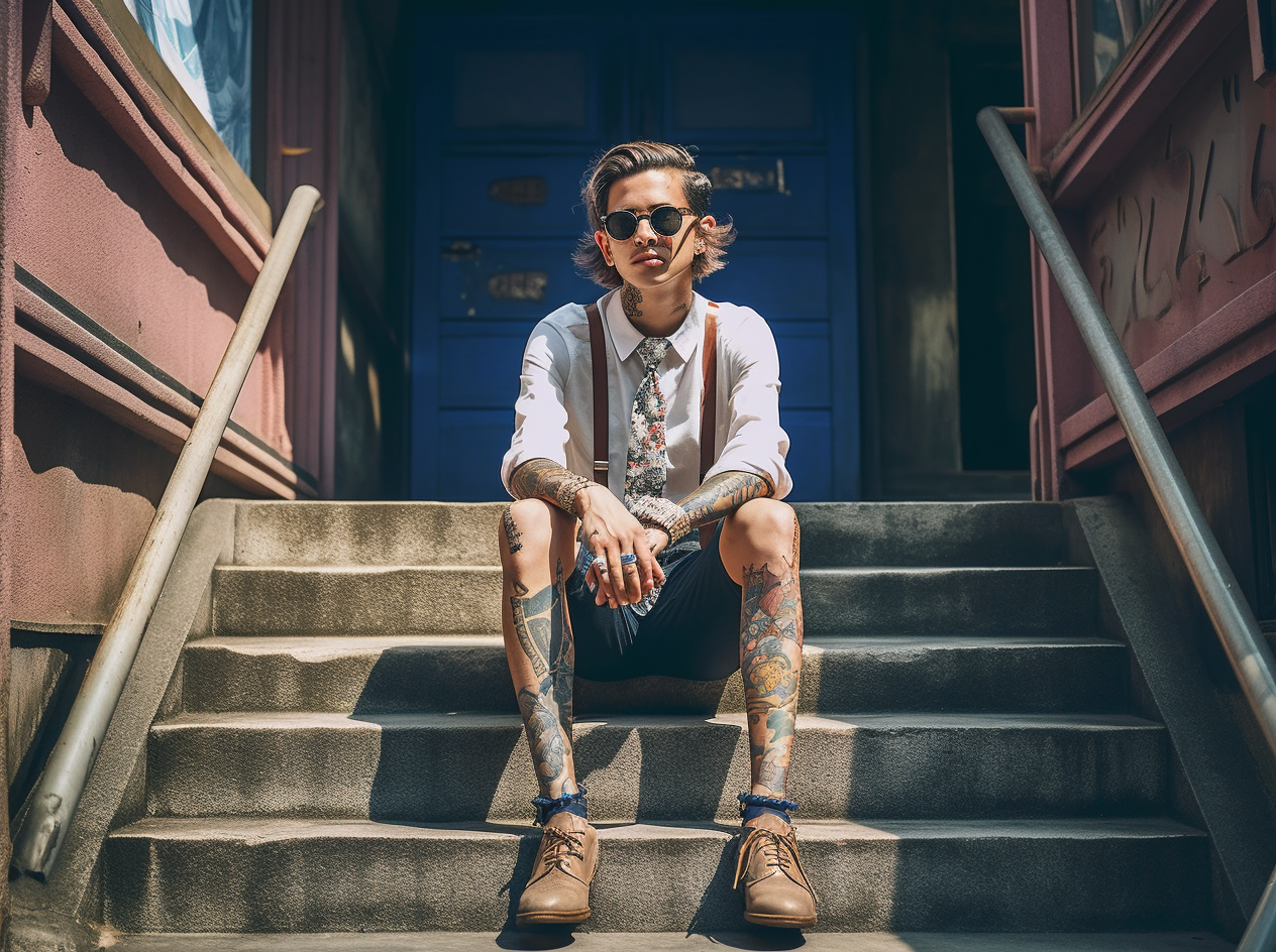 tknj_a_tattooed_japanese_man_on_steps_on_a_sunny_day_in_the_sty_d67e1ce1-8917-4de5-87b8-3412f23887f6.png