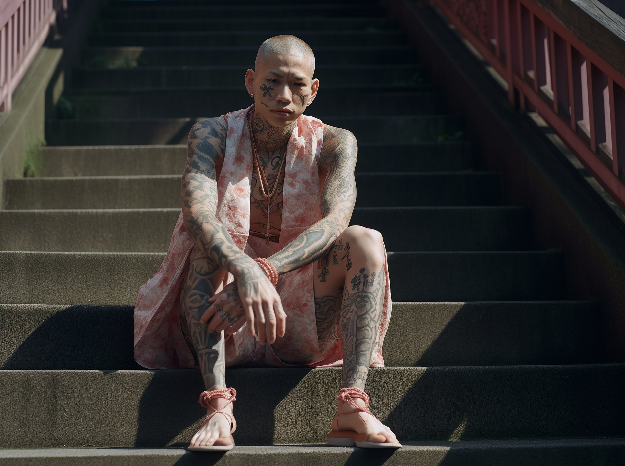 tknj_a_tattooed_japanese_man_on_steps_on_a_sunny_day_in_the_sty_8f33e14a-8a3b-40b6-b32f-904bee9fbd64.png