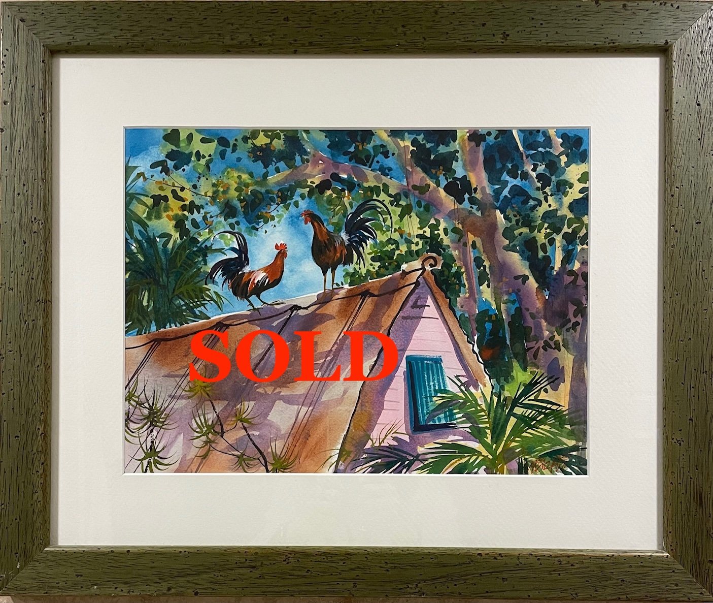 Rooftop Roosters Framed Original Watercolor by Martha DePoo, 18.5"x 22" ~ $225  **SOLD**