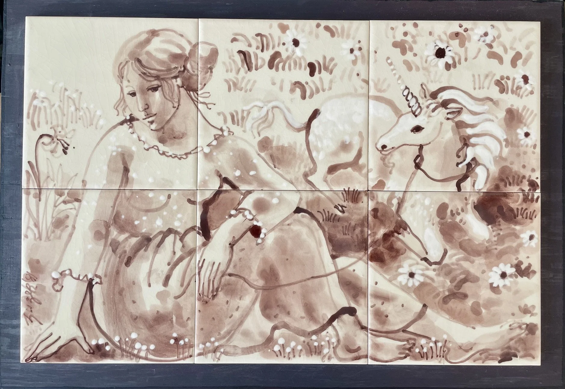 Unicorn Friend '81 by Suzie DePoo (Zuzek).  Original Painted Tiles, 14"x 20" ~ $6,500