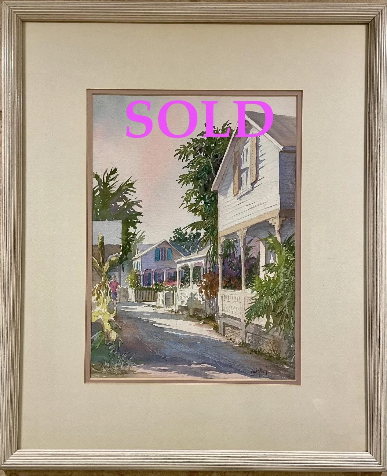 SOLD Conch House Lane by Irma Quigley.  Original Watercolor 10"x 15" - 19"x 23" ~ $695