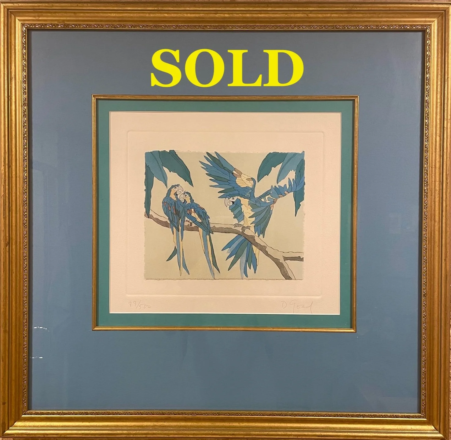 Blue Parrots by Dan Goad.  LTD Edition 83/500.    
8" x 9.5".   WAS $145 ~ NOW ONLY $45 **SOLD**