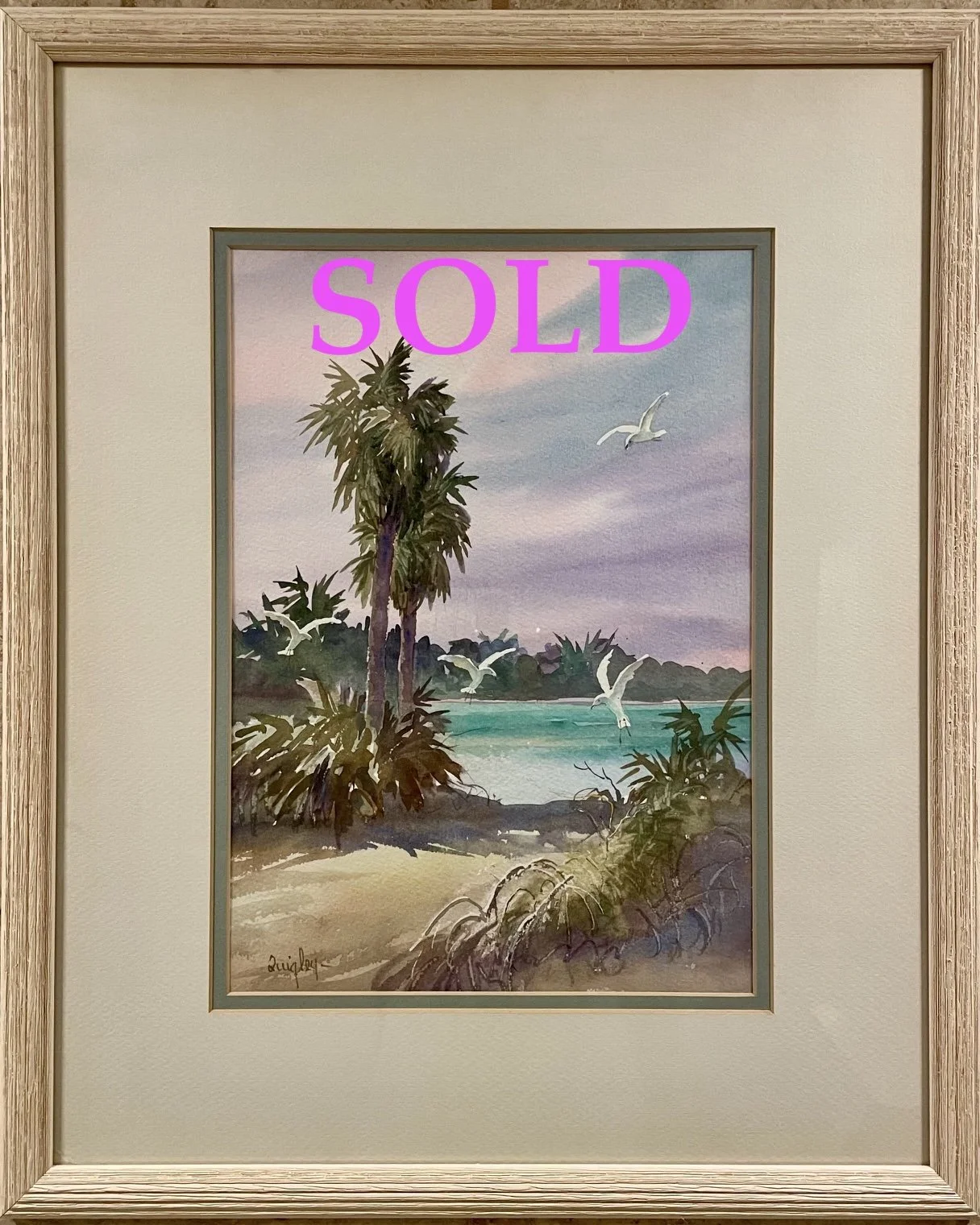 SOLD Birds in Paradise by Irma Quigley.  Original Watercolor, 10"x 13" - 21"x 17" ~ $695