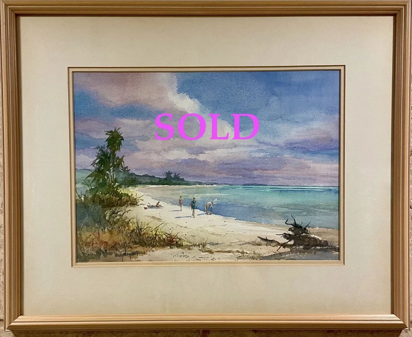 SOLD Beach Walk by Irma Quigley.  Original Watercolor 10"x 14" - 17"x 21" ~ $695