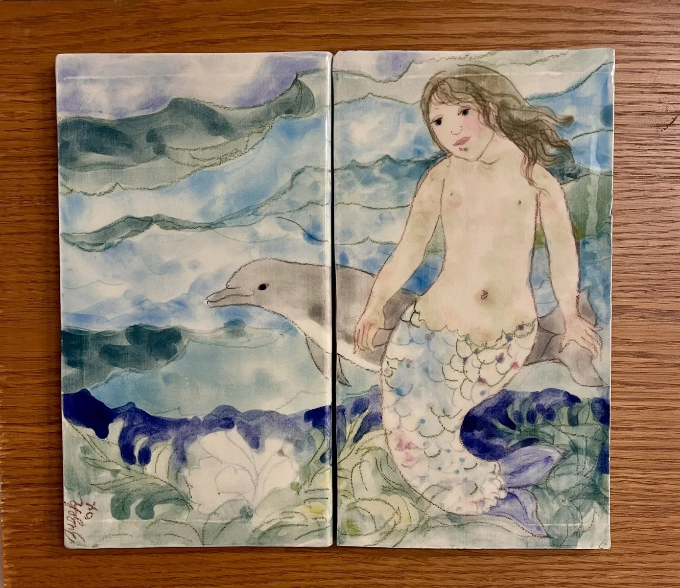 Mermaid & Dolphin by Suzie DePoo (Zuzek).  Original Painted Tiles, 9"x 10" - 11"x 13" ~ $3,500