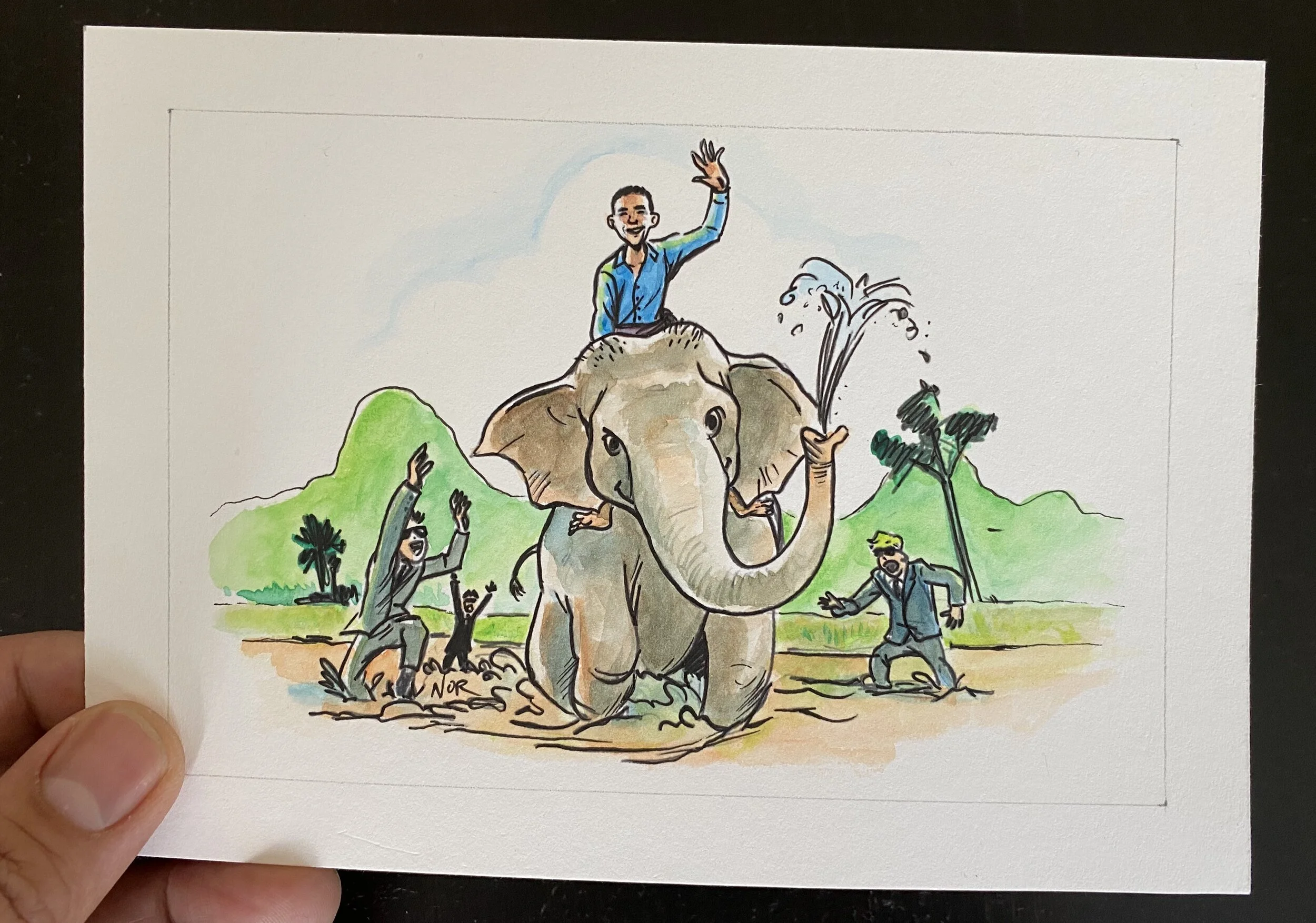 “If only President Obama was allowed to ride an elephant by Secret Service agents.” Watercolor & Ink 4in x 6in. © September 9, 2016 by Nor Sanavongsay