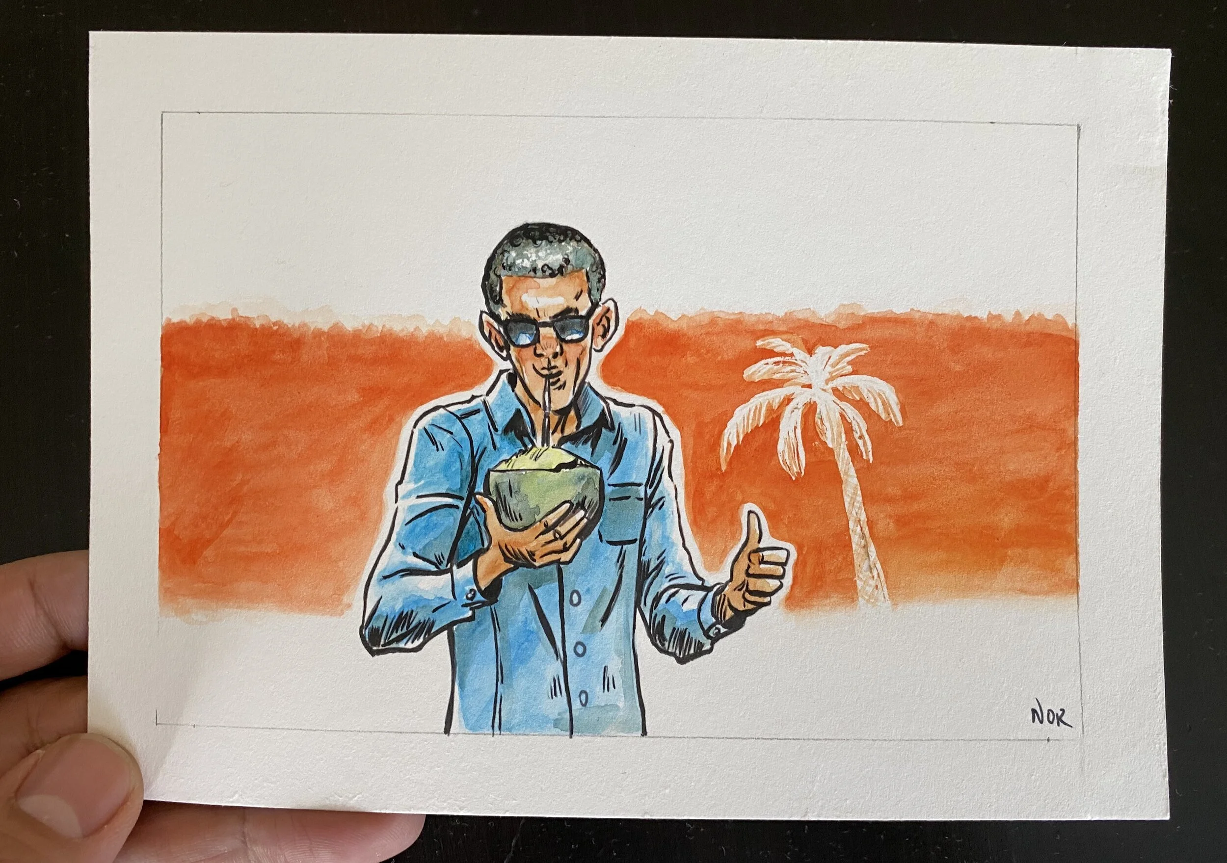 “CocObama” Watercolor & Ink 4in x 6in. © September 21, 2016 by Nor Sanavongsay