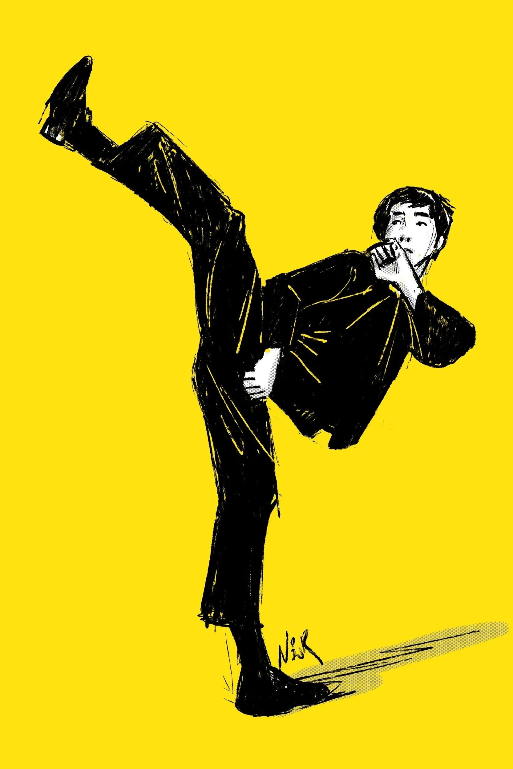 Bruce Lee doing a hook kick. Illustration by Nor Sanavongsay.