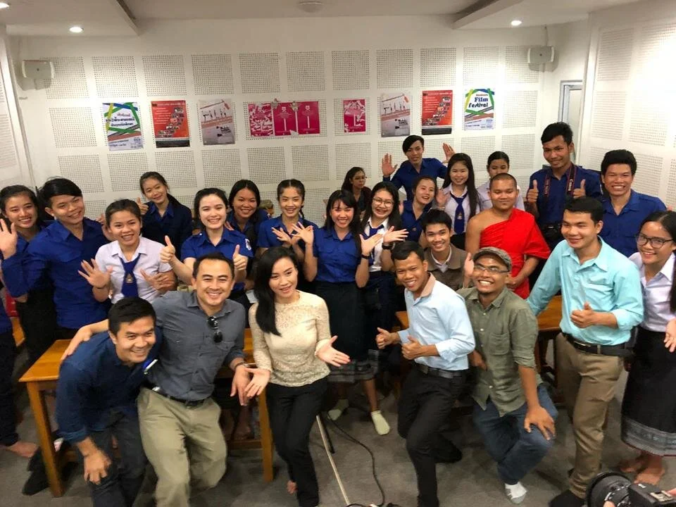 Steve Arounsack and Aluna meet with students from the National University of Laos in Vientiane after a private screening.
