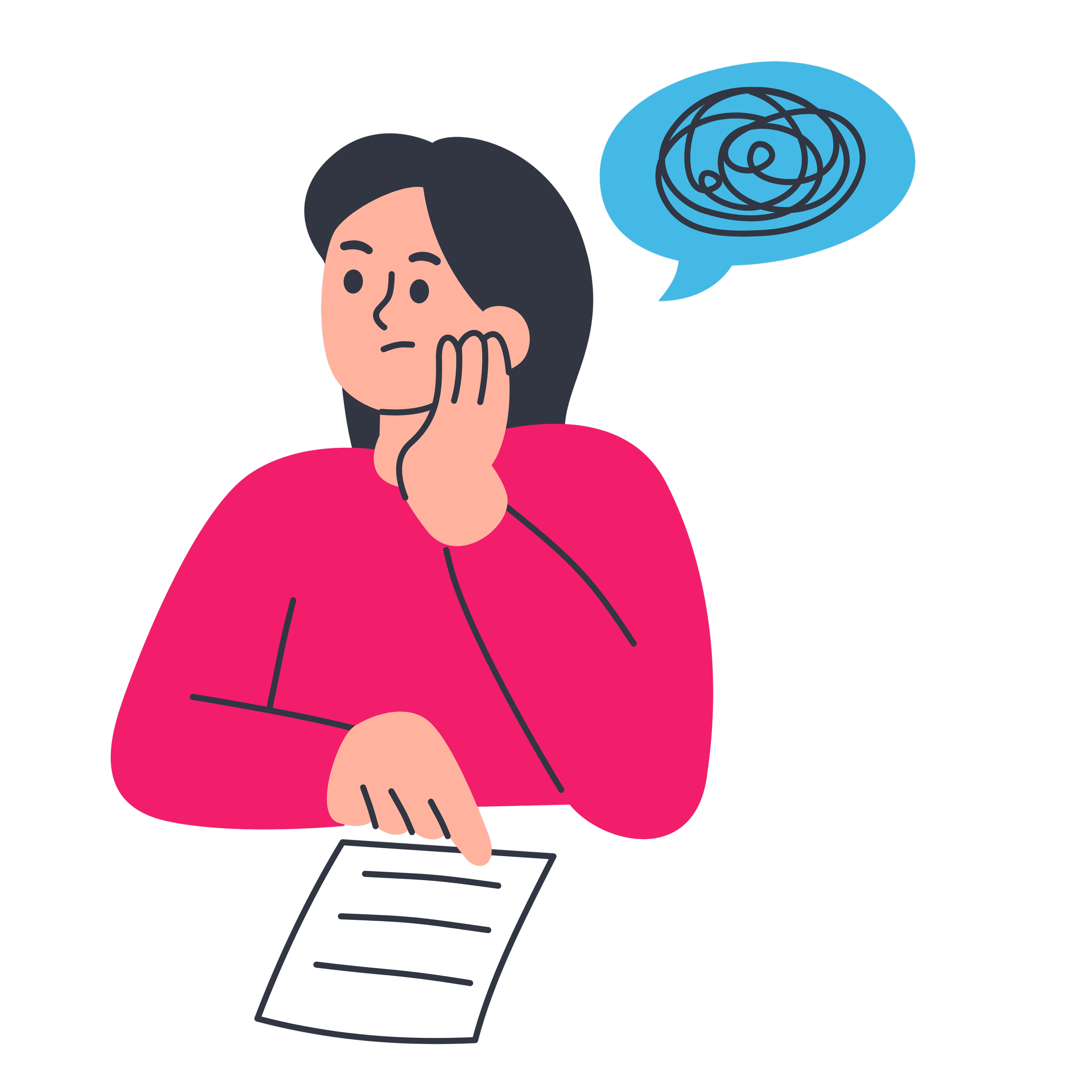 Illustration showing a state of overwhelm or difficulty making a decision. A person holds a paper while wrestling with conflicting thoughts and directions, represented by the blue scribbles and surrounding arrows.