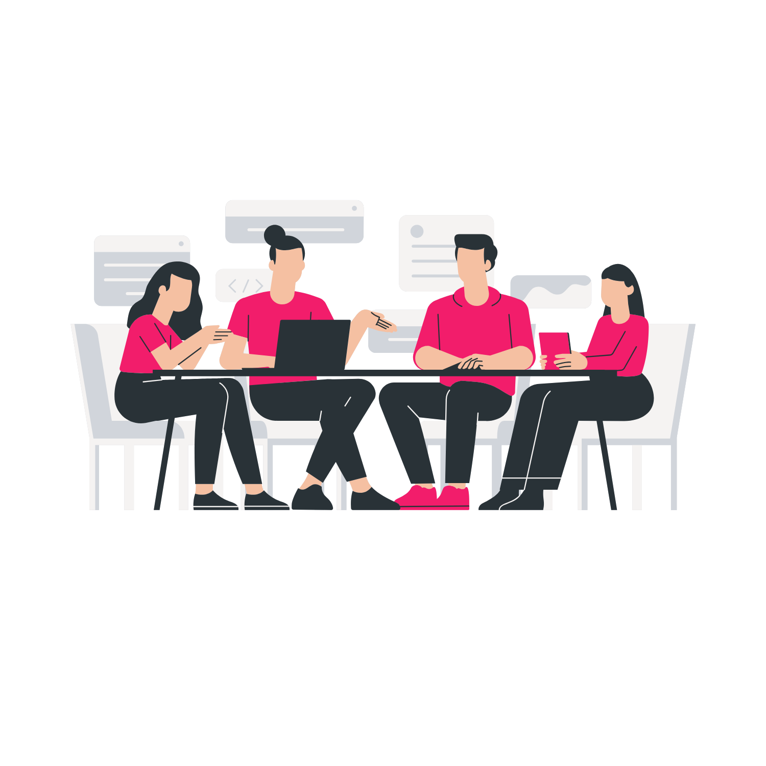 Illustration of four diverse people sitting around a table working on laptops and tablets with coding and communication bubbles in the background.