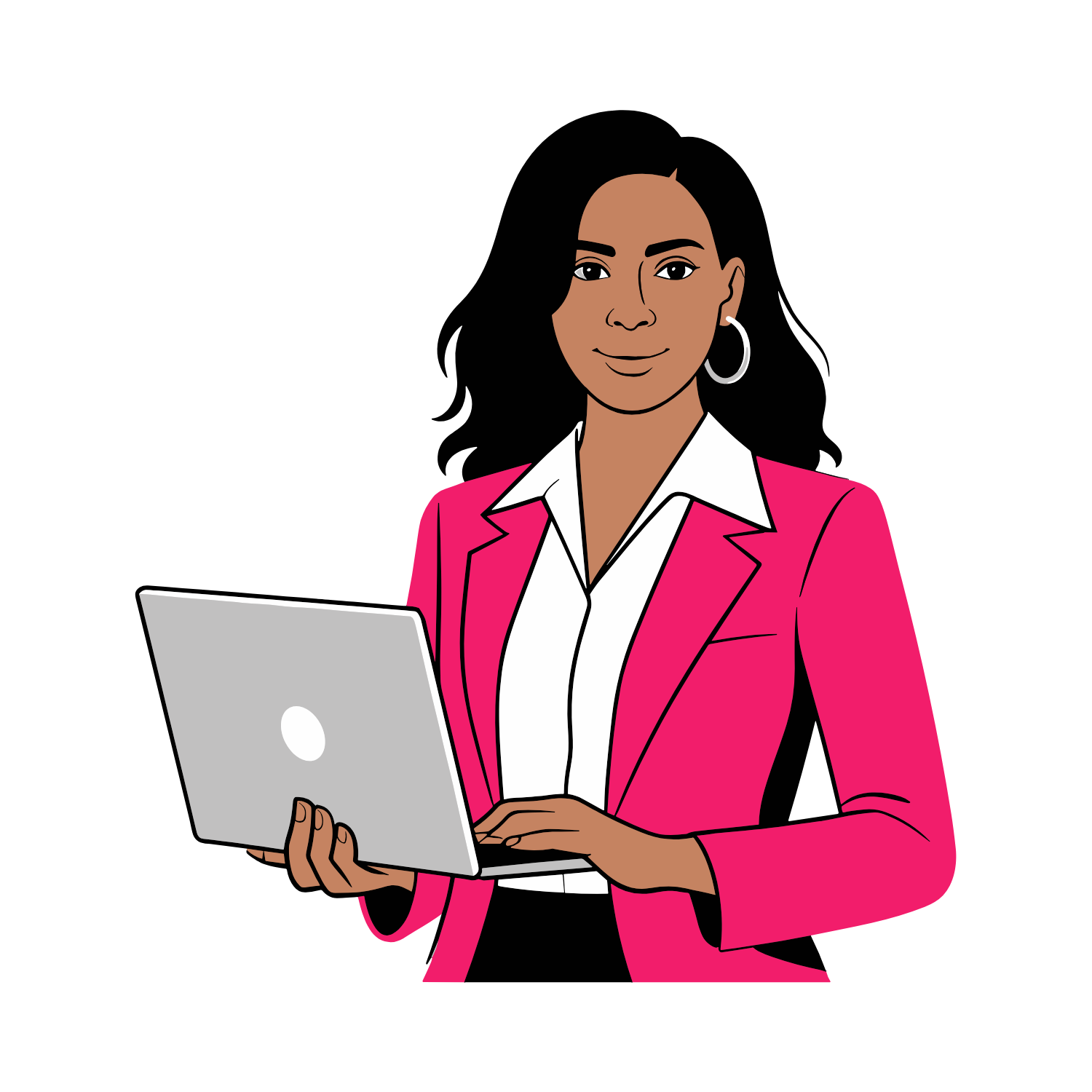 A vibrant illustration of a smiling Black woman in professional attire, including a bright pink blazer and a white shirt. She is holding and typing on a silver laptop.