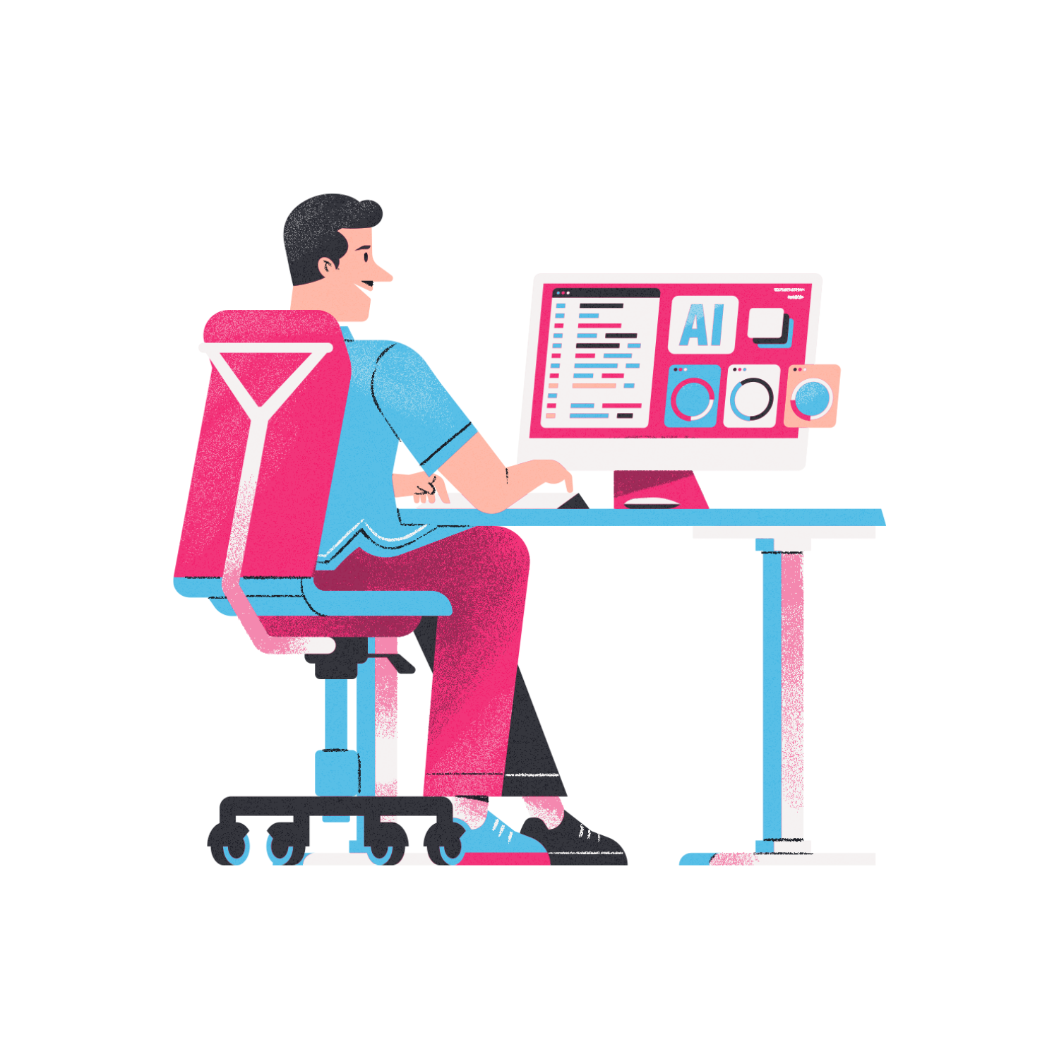 Illustration of a person sitting at a desk, working on a computer with AI-related graphics displayed on the screen.