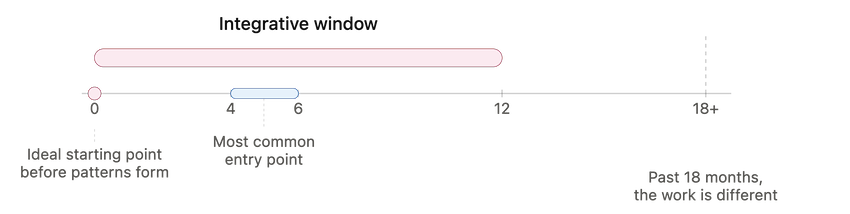 A graphic timeline illustrating stages in pattern formation, starting from an ideal starting point, with the most common entry point at 6 months, and noting that past 18 months the process differs.