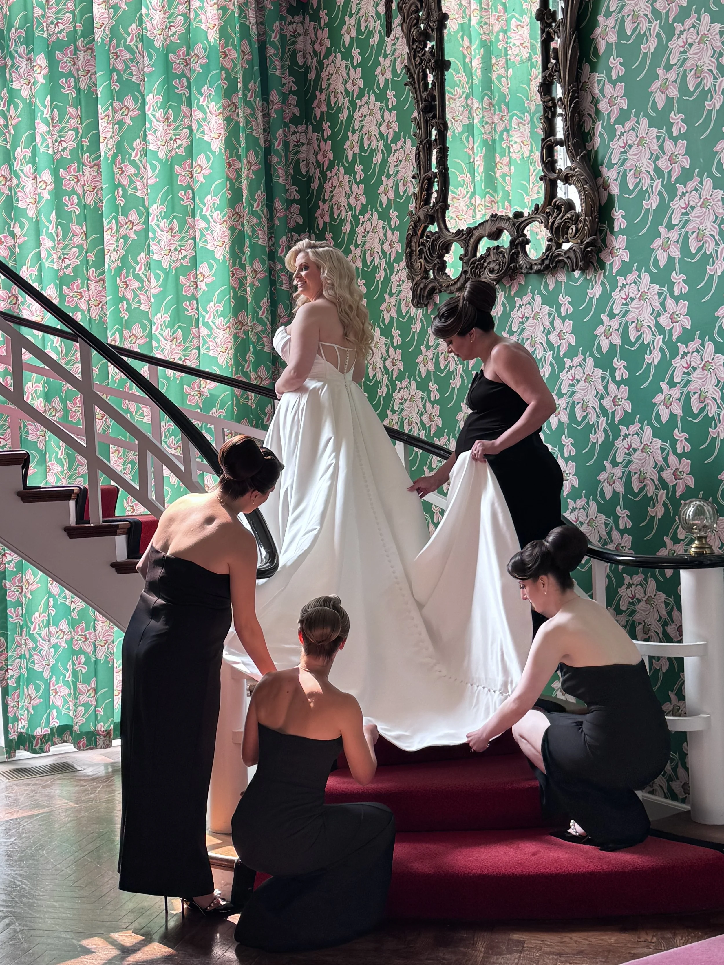 Bride and bridal party on staircase, West Virginia wedding
