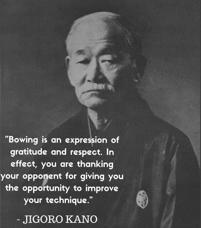 Jigoro Kano with a quote explaining that bowing in martial arts expresses gratitude and respect for a training partner.