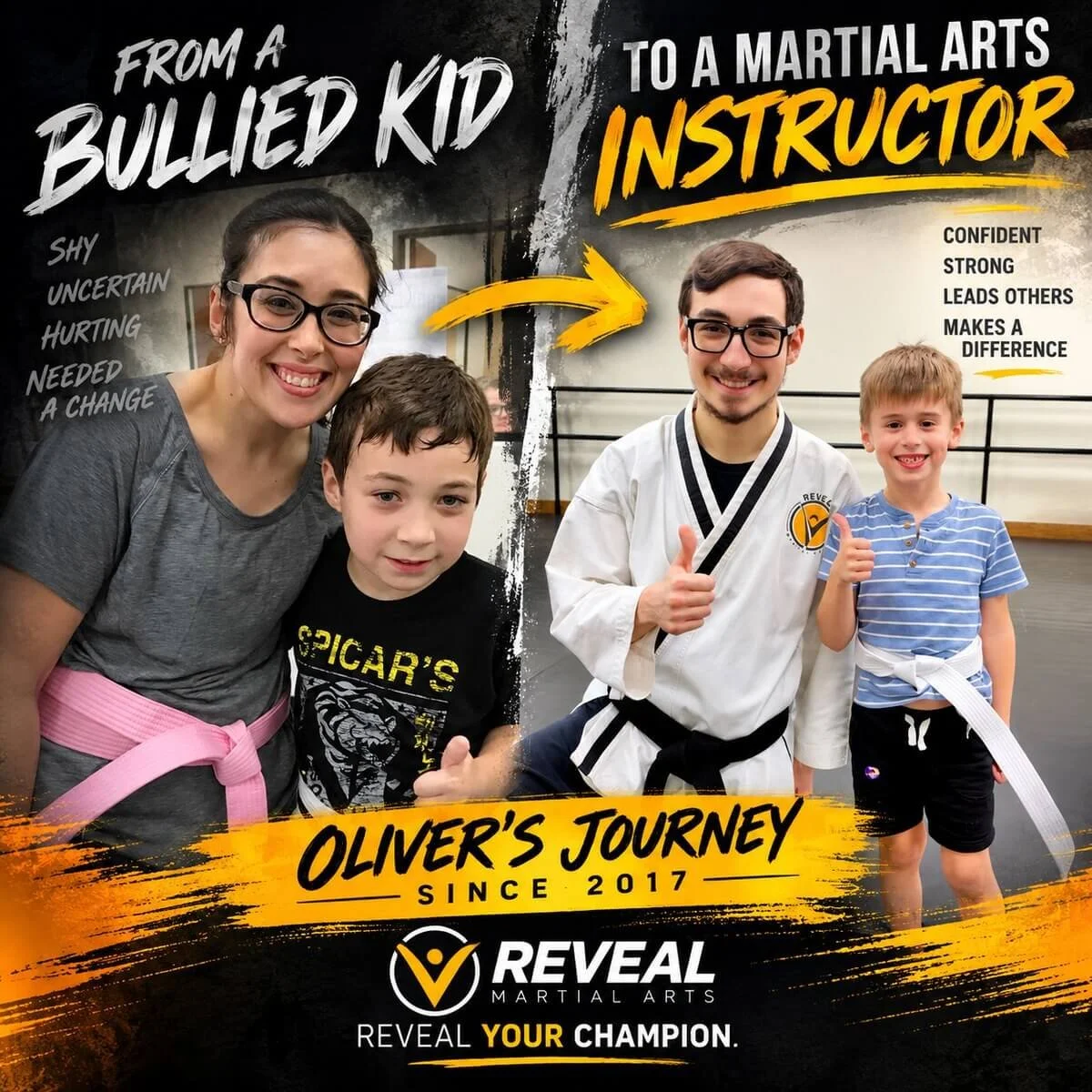 Before-and-after photos of Oliver Bloxom, who began martial arts training in 2017 after experiencing bullying and is now a Level 3 instructor at Reveal Martial Arts, helping children build confidence, leadership, and self-defense skills.