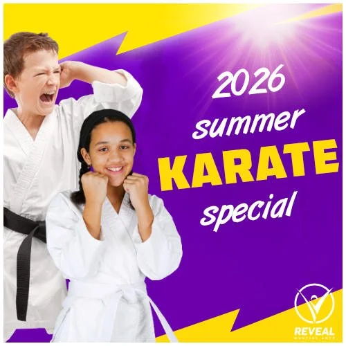 Two children in white karate uniforms pose energetically, promoting a 2026 Summer Karate Special.