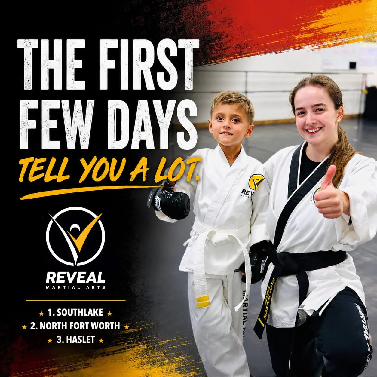 Young Reveal Martial Arts student with instructor building confidence through kids martial arts training.