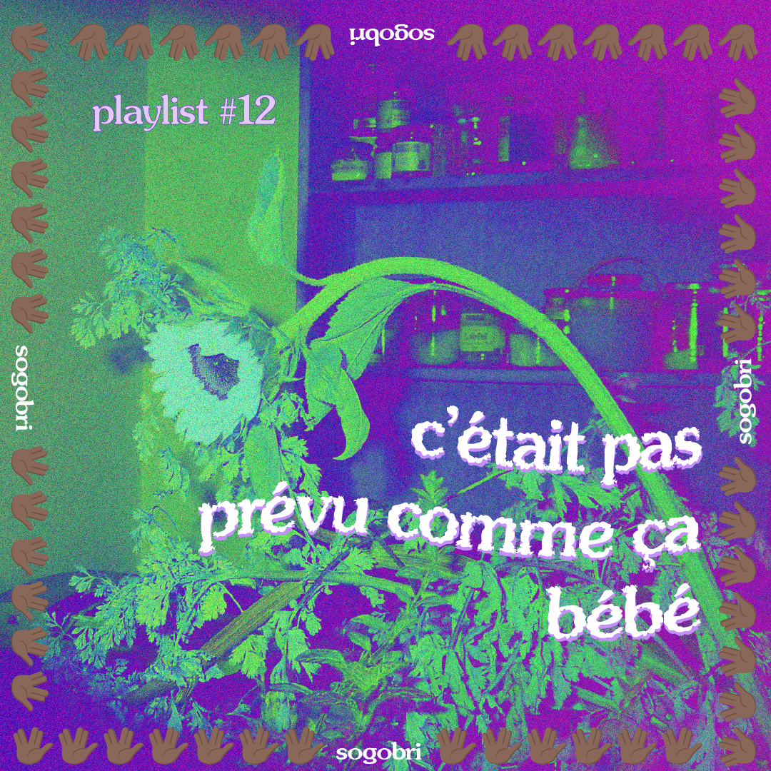 A digital art piece with a background of a kitchen showing shelves with jars and containers. Foreground features a sunflower and green foliage. The image has a color filter with purple, green, and blue hues. Text in French says 'c'était pas prévu com