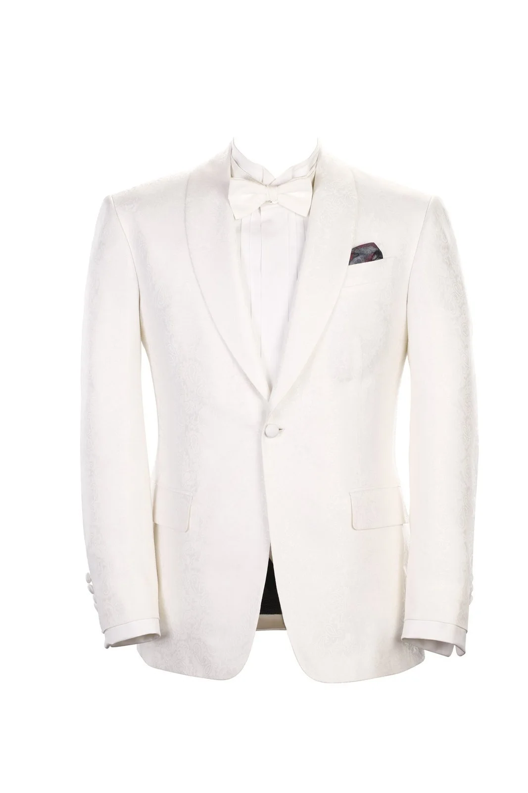 Ivory jacquard dinner jacket with shawl collar, ivory bow tie and dark pocket square